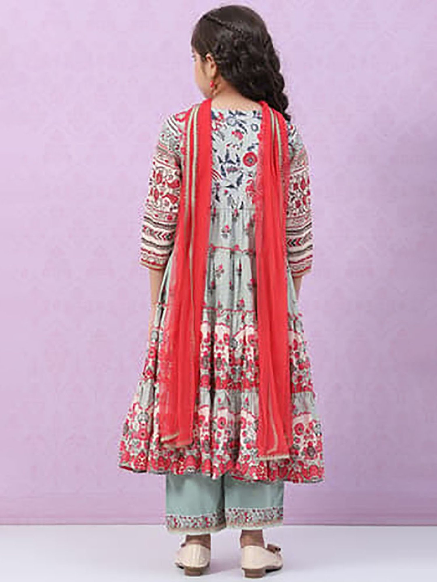 BIBA Girls Grey & Red Floral Print Kurta, Plazzos with Dupatta