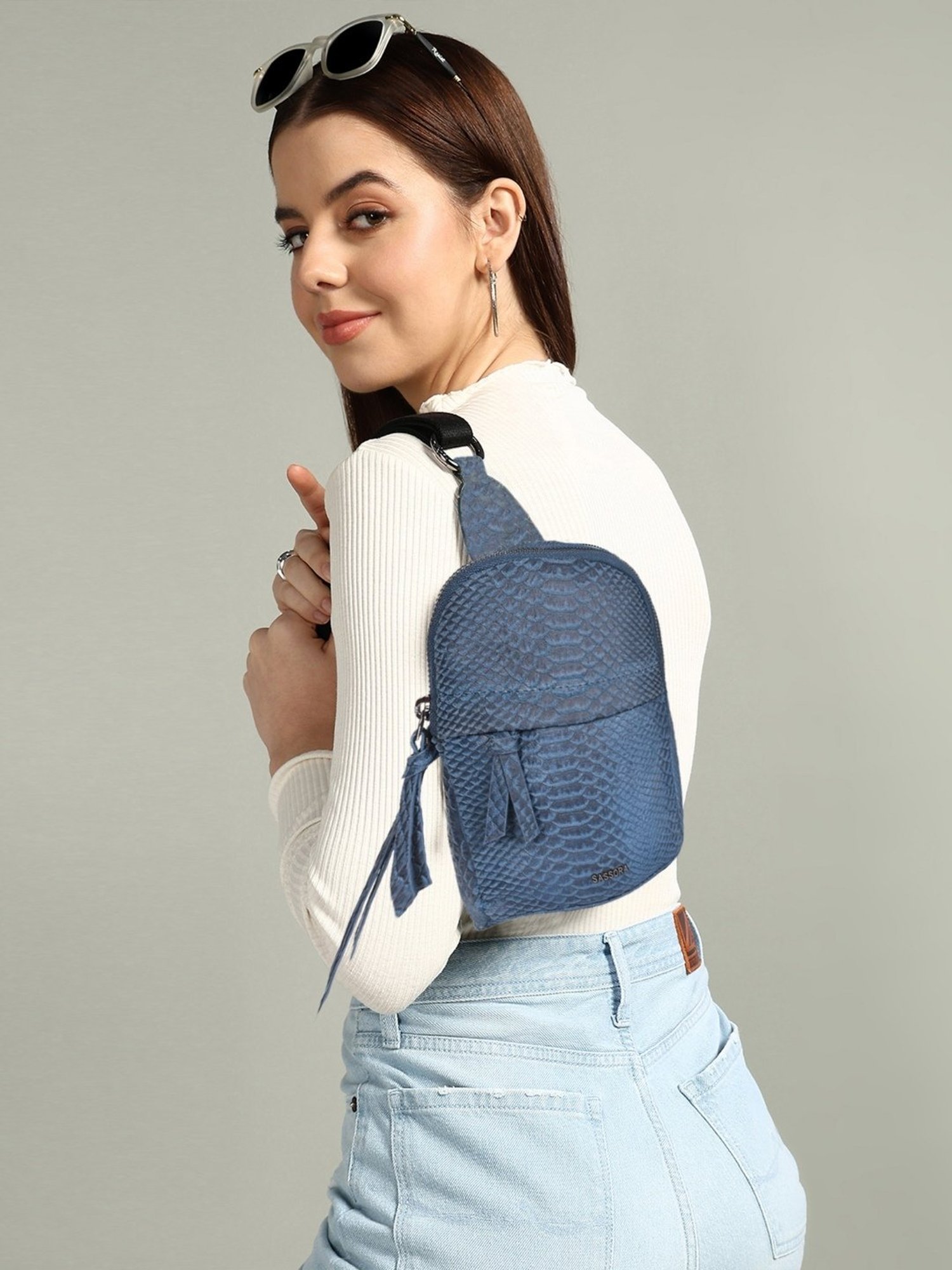 SASSORA Navy ROSA Animal Effect Small Leather Backpack