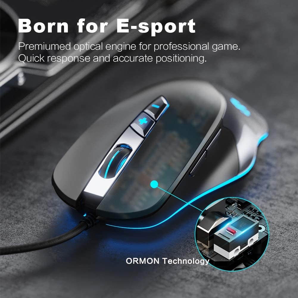 Wired Gaming Mouse Inphic Wired Mouse for Gamer with 7 RGB Lighting Effect 4000DPI Adjustable and 7 Programmable Buttons Ergonomic Design PC Gaming Mouse Comfortable Hand Feeling