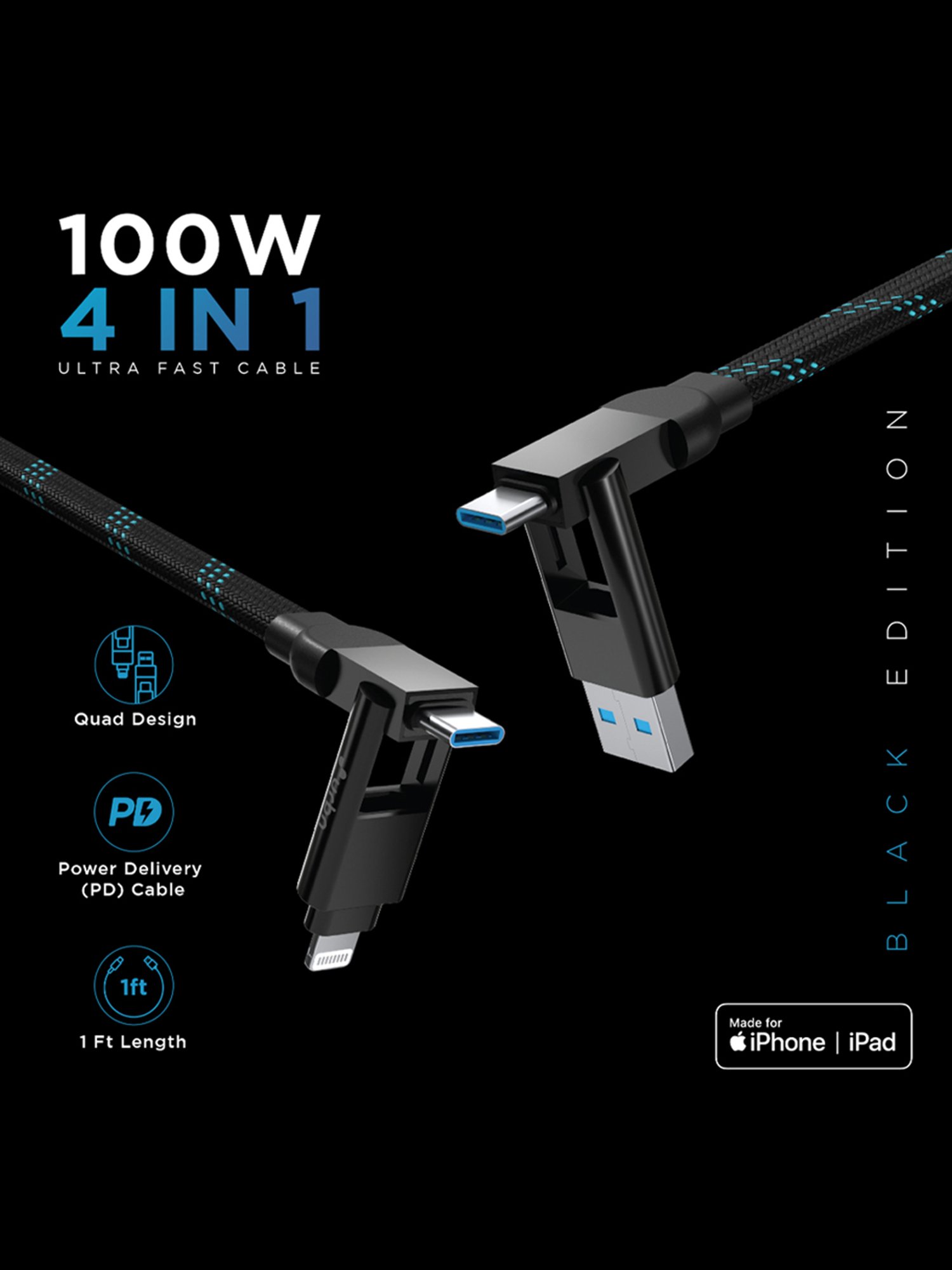 URBN 4 in 1 Quad Cable, Apple MFi Certified Type C to Lightning, USB to LTG, Type C to C (Black)