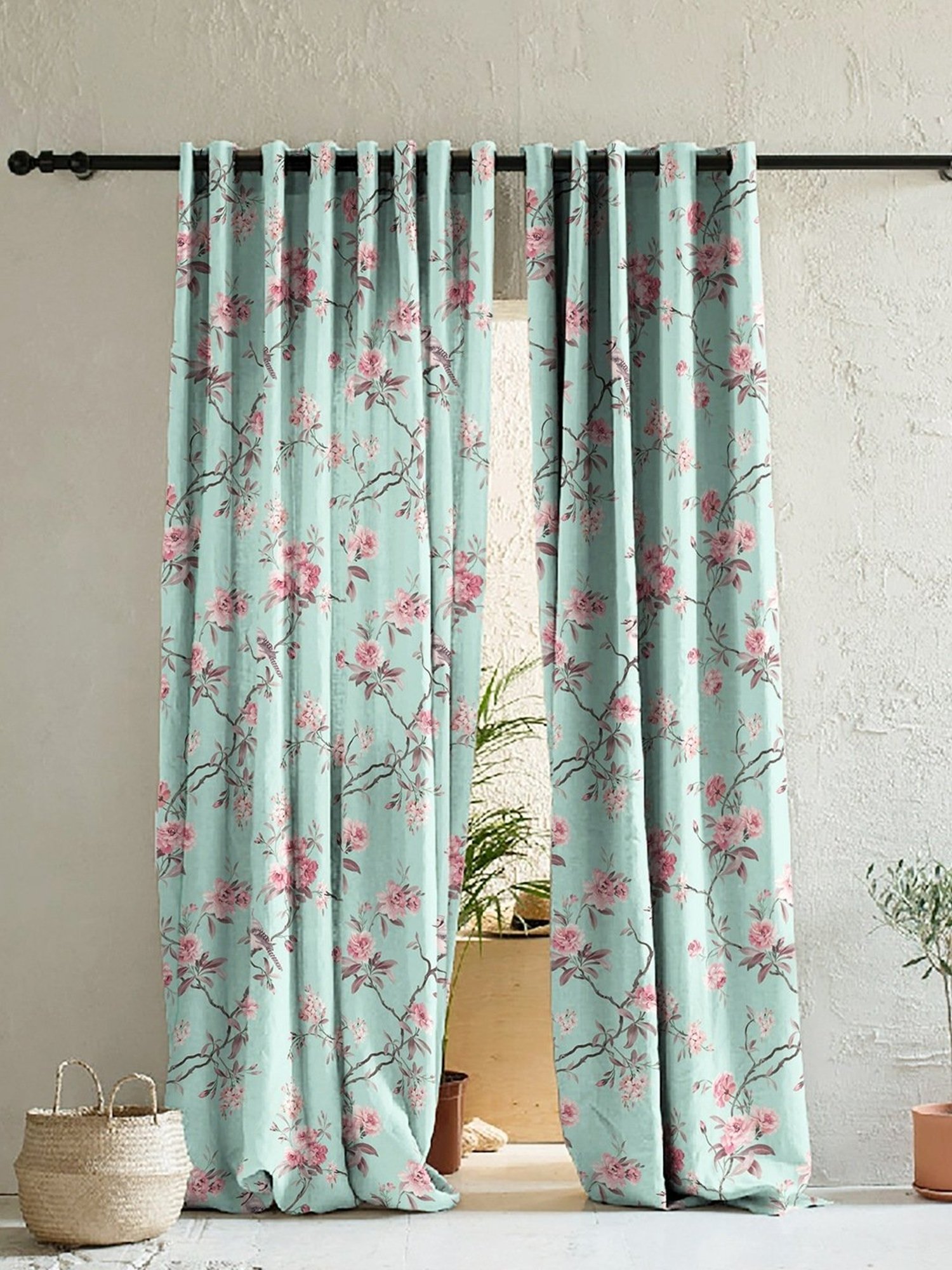 SPACES DRAPE STORY Elegent Teal & Pink Polyester 8 FT Door Curtain - Set of 2