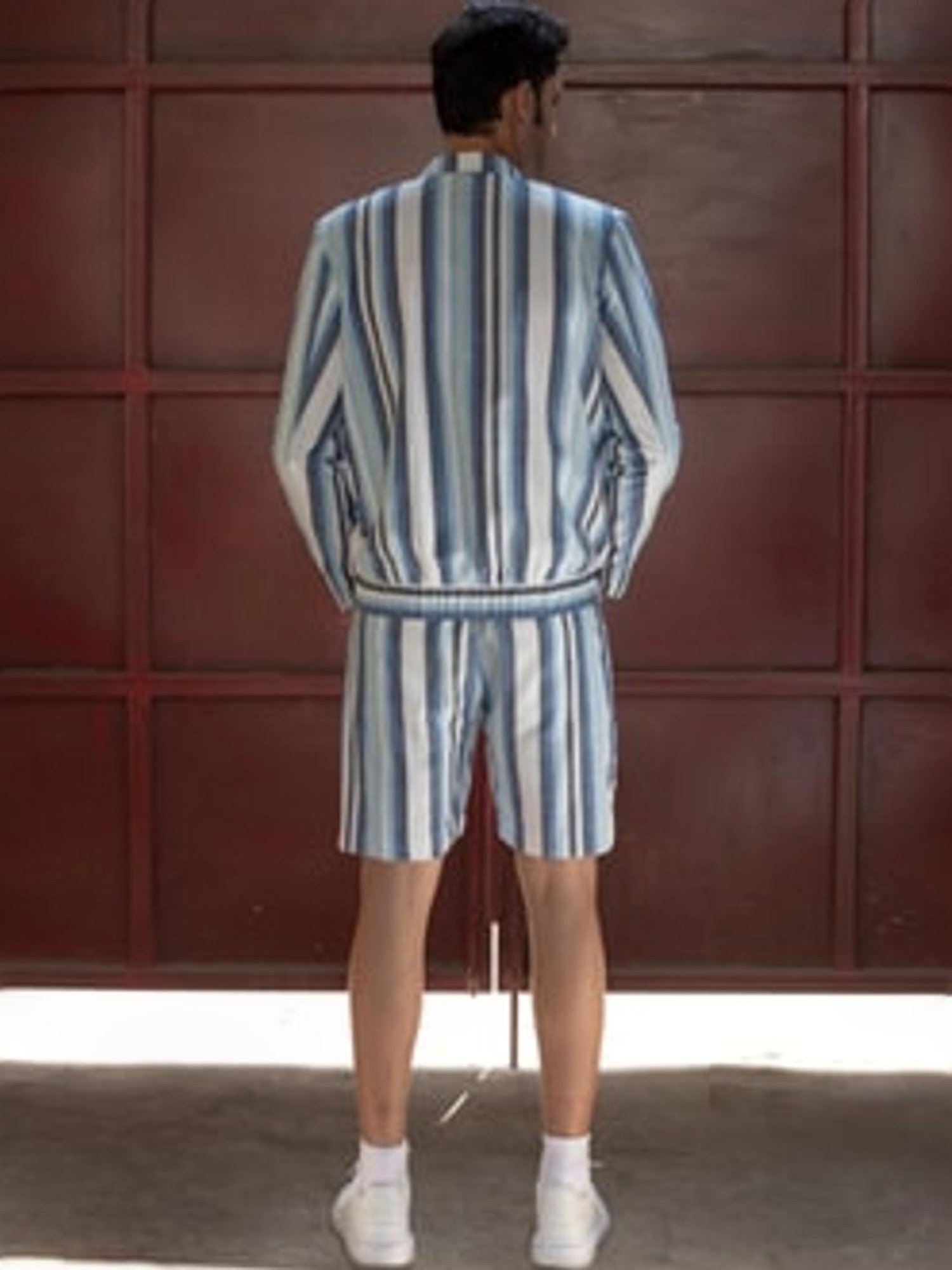 Anushe Pirani Blue & White Fika Buttoned Bomber Jacket