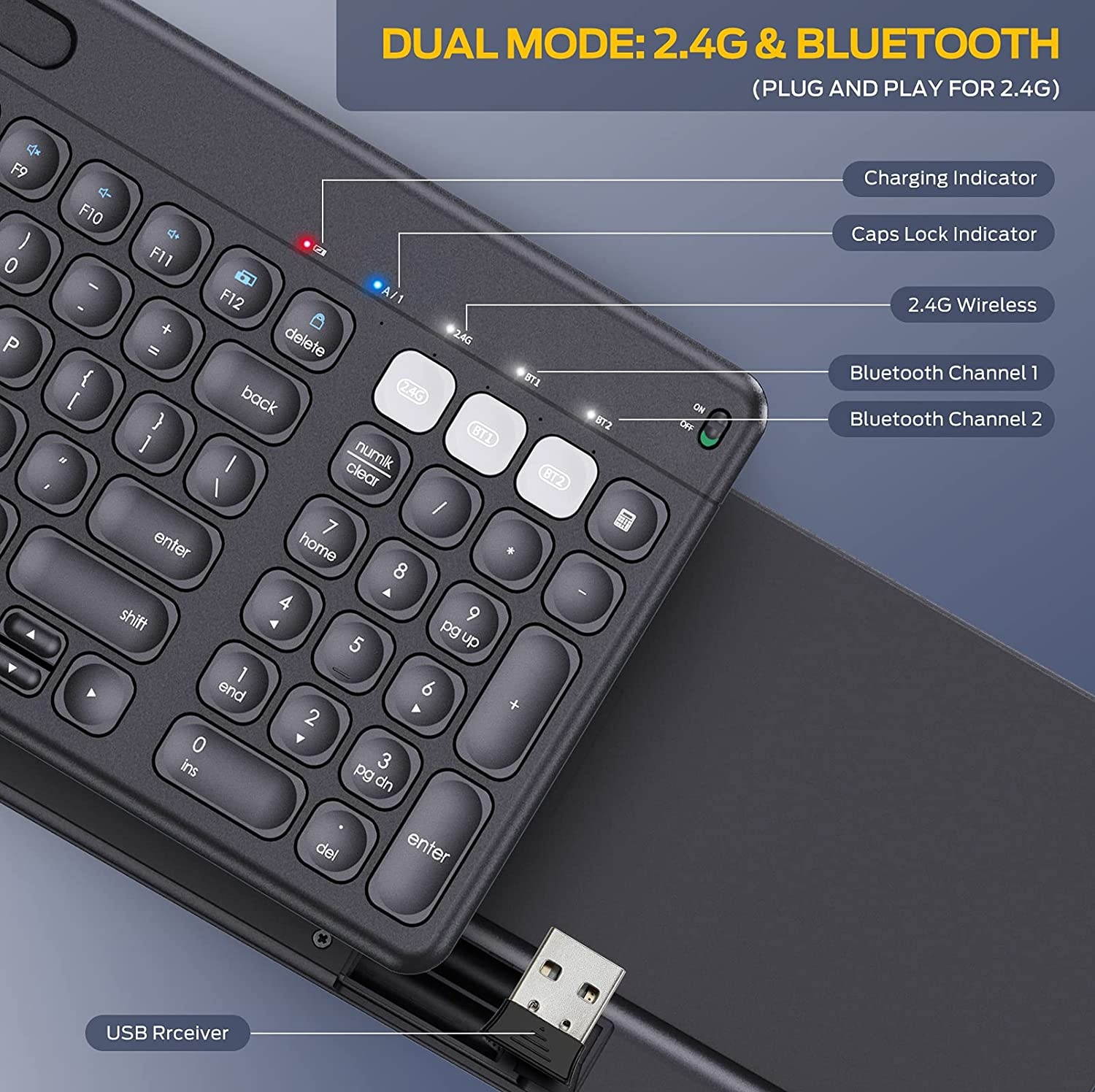 Multi-Device Bluetooth Keyboard, iClever DKA2KB Dual Mode (Bluetooth 4.2 + 2.4G) Wireless Keyboard, Ergonomic Ultra-Slim Computer Keyboard with iPad Holder for Mac, Windows, Android, PC, Laptop, Black