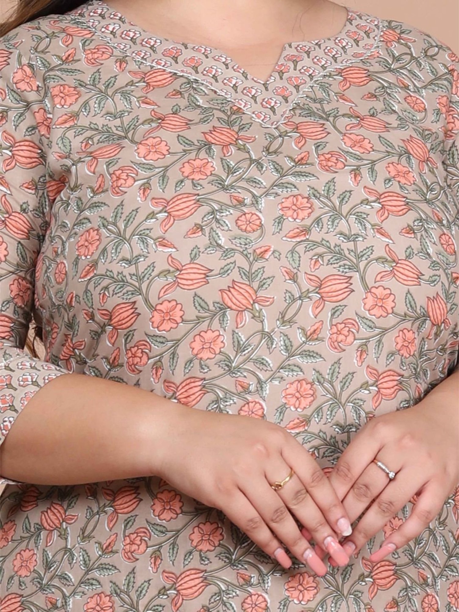 Miravan Beige Cotton Floral Print Kurta Palazzo Set