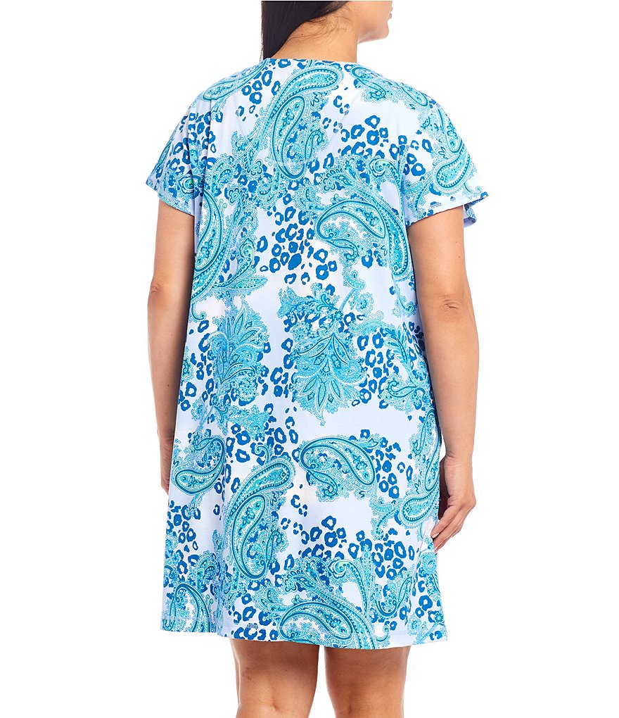 Miss Elaine Plus Paisley Printed Interlock Knit Grip-Front Short Robe