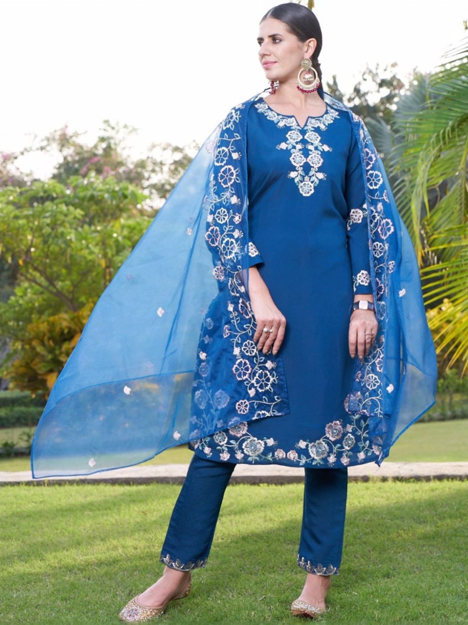 Autumnlane Blue Maksoor Azure Full Work Pakistani Kurta with Pant and Dupatta