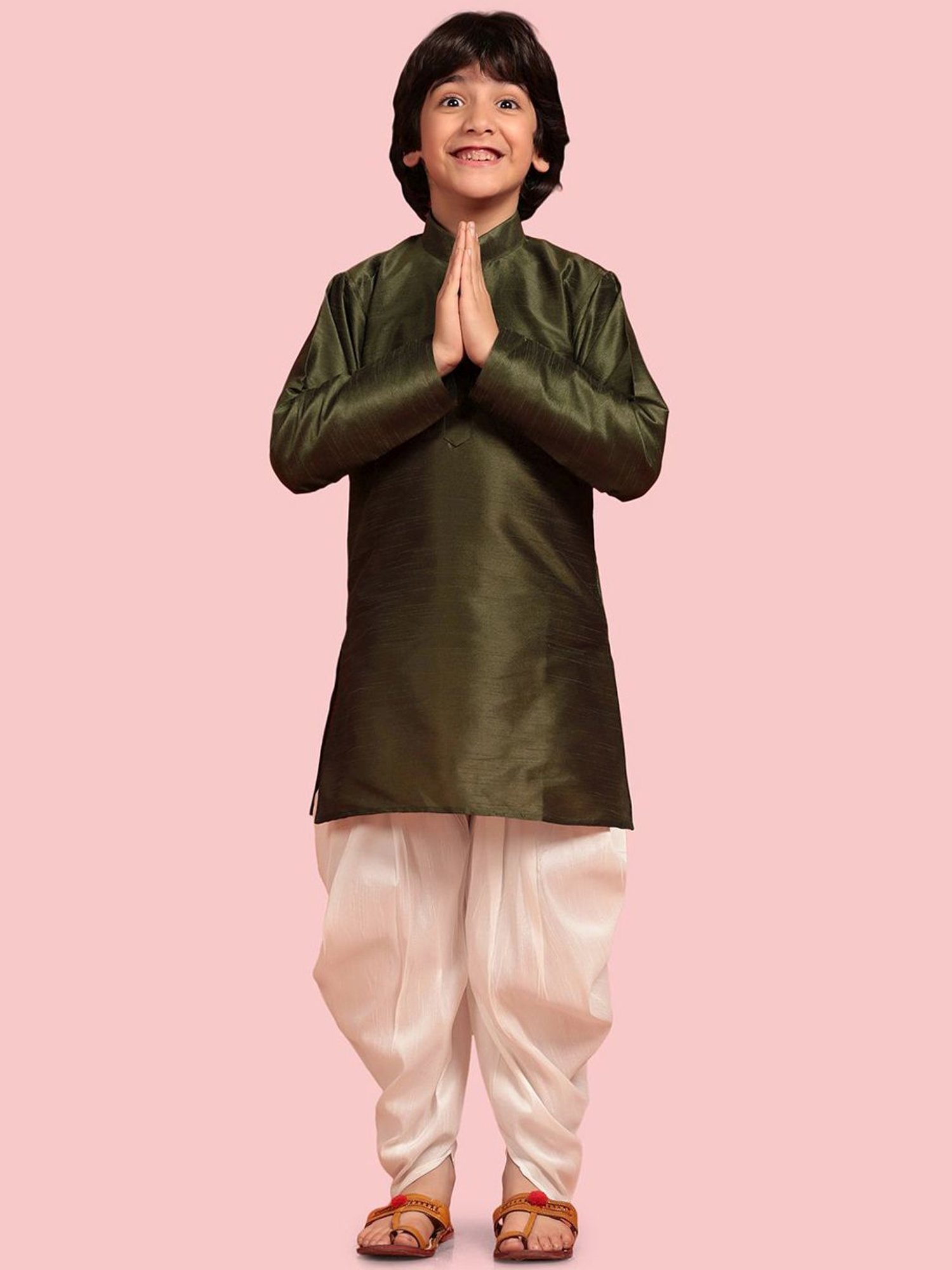 AJ Dezines Kids Olive Green & White Regular Fit Full Sleeves Kurta Set