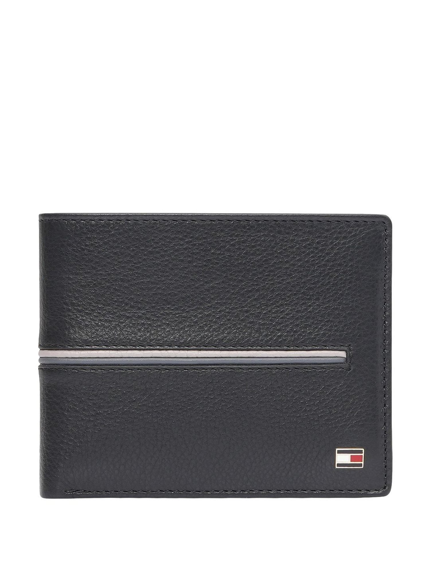 TOMMY HILFIGER Glasgow Black Leather Striped Bi-Fold Wallet for Men