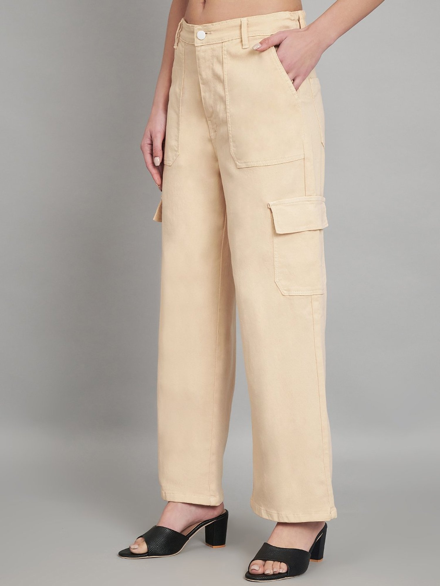 Angelfab Beige Cotton Relaxed Fit High Rise Cargo Jeans