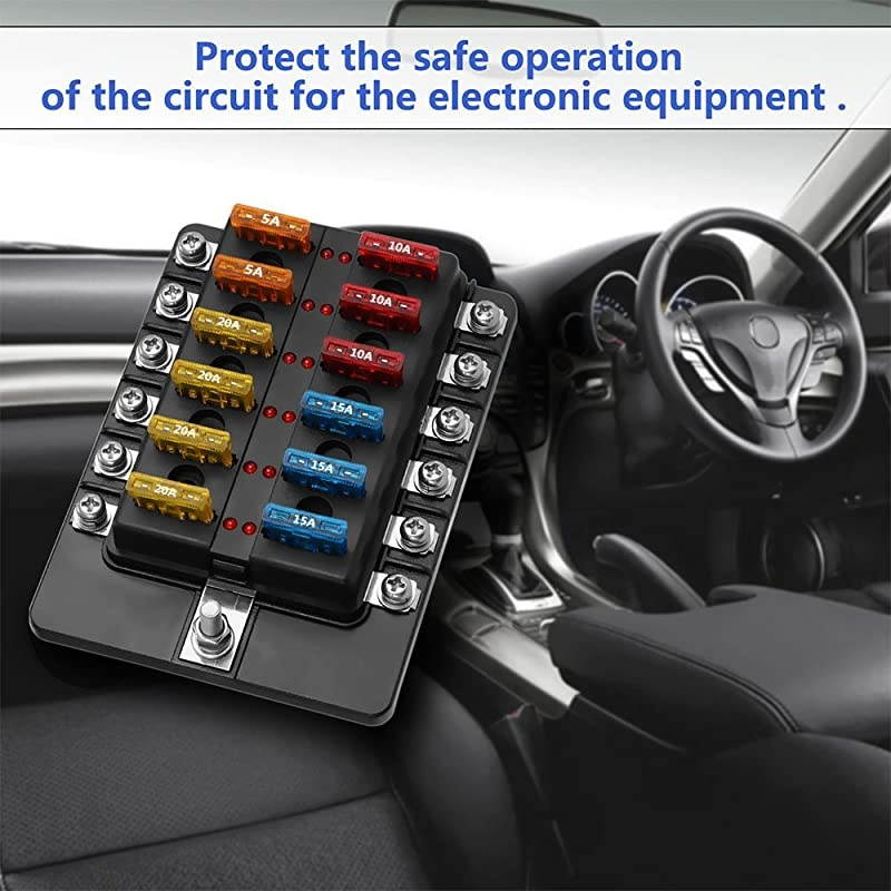 Blade Fuse Block Box Holder 12 Way With LED Indicator for Blown Fuse Suitable For Automotive Marine Boats  12way