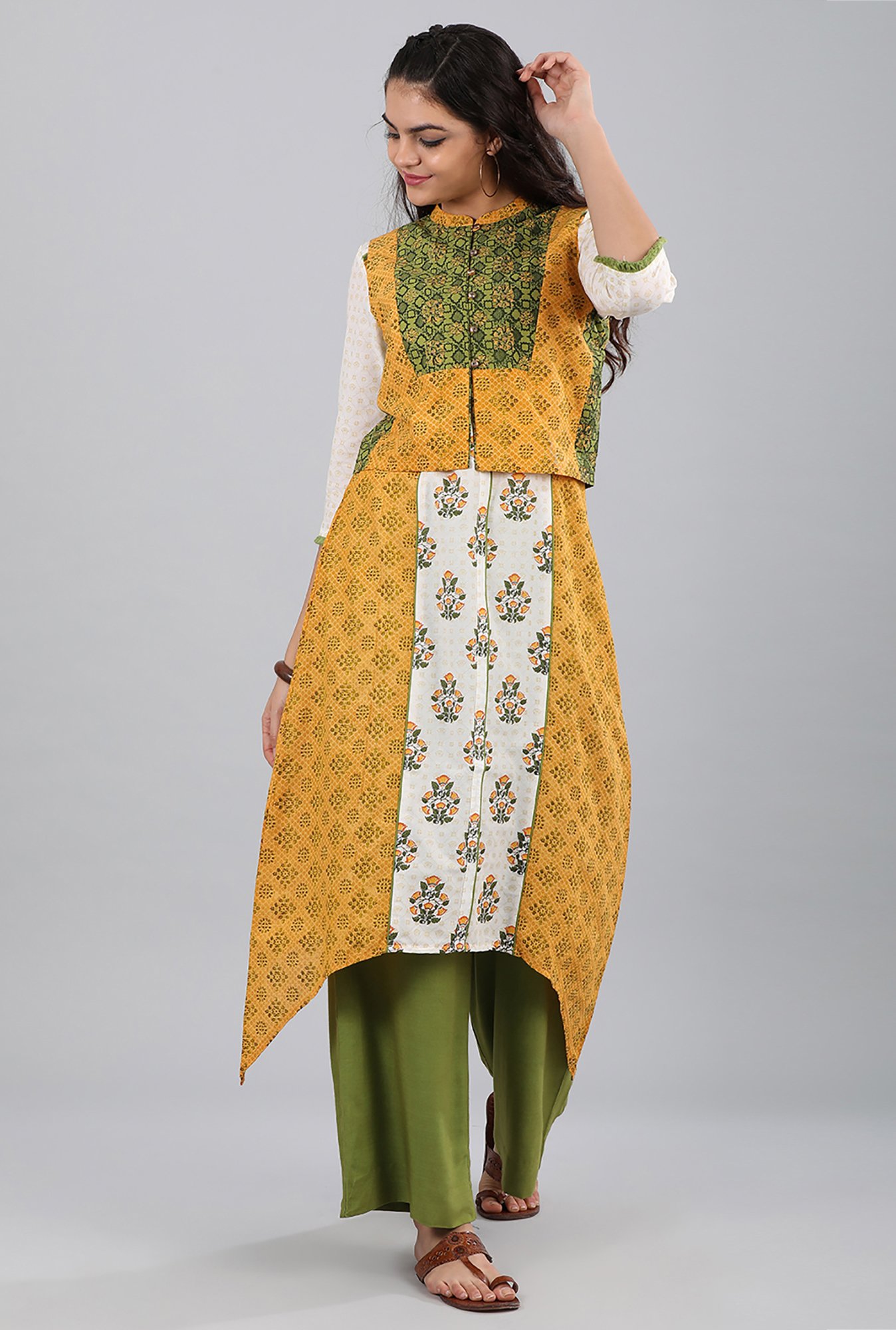 Aurelia Yellow & Green Band Neck Printed Cotton Gilet