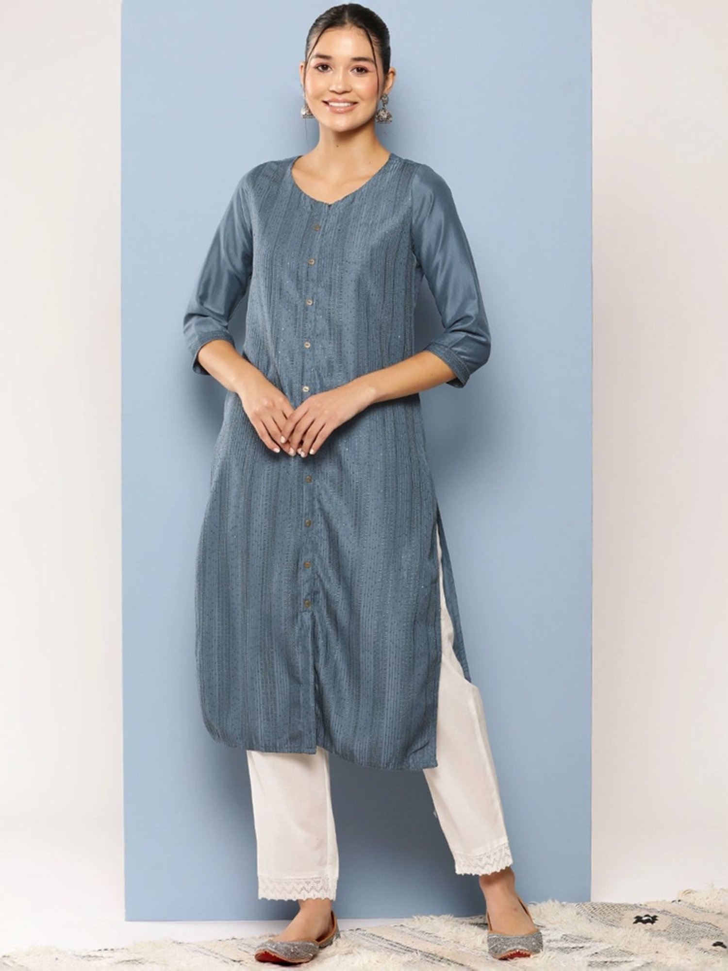 Aarika Grey Cotton Embroidered Straight Kurta