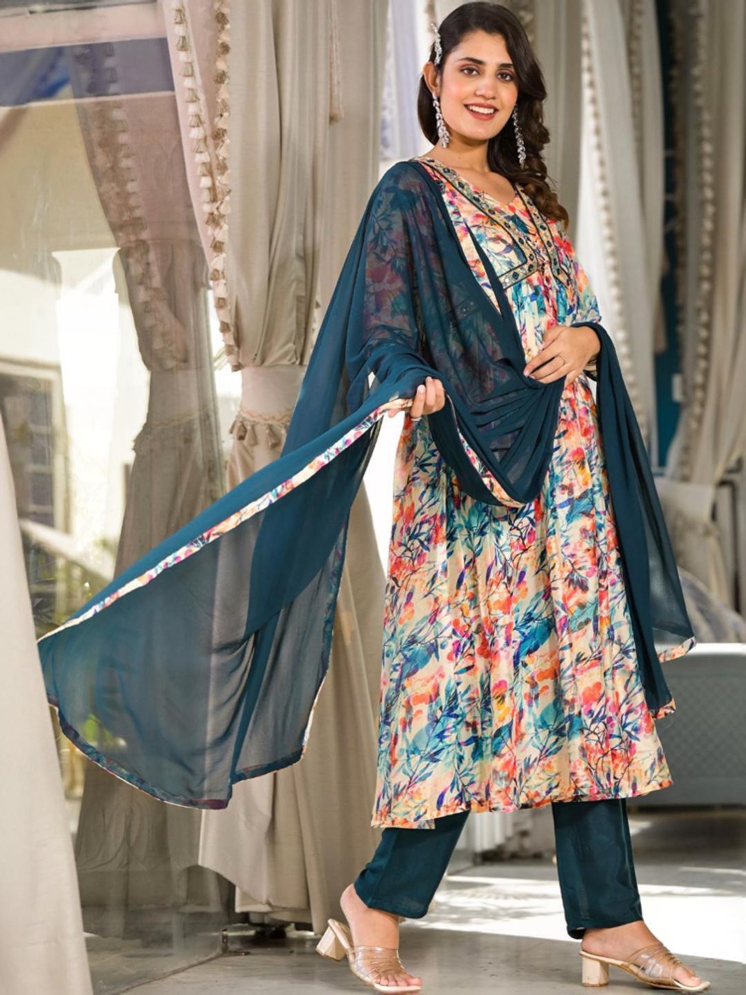 Odette Beige & Green Floral Print Kurta Pant Set With Dupatta