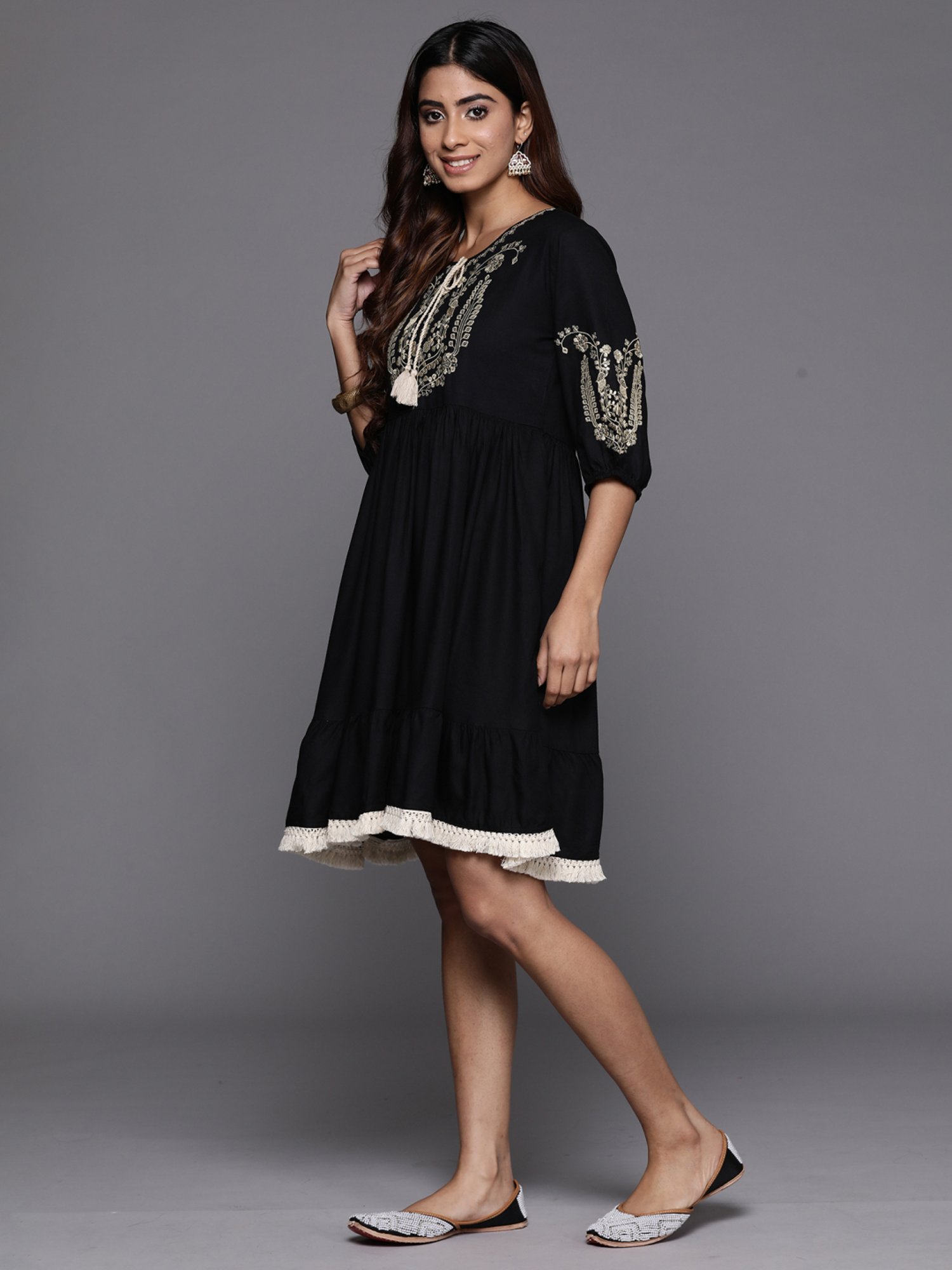 Indo Era Black Embroidered A-Line Dress
