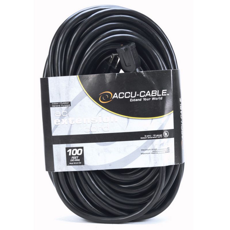 American DJ 100 Foot 12 Gauge 20 Amp Indoor Outdoor Audio Extension Cord Cable ETL Approved, Black