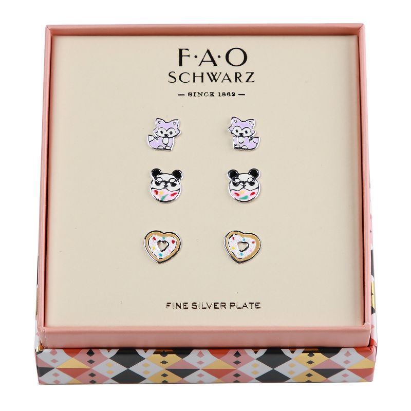FAO Schwarz Enamel Fox, Panda and Heart Donut Trio Earring Set