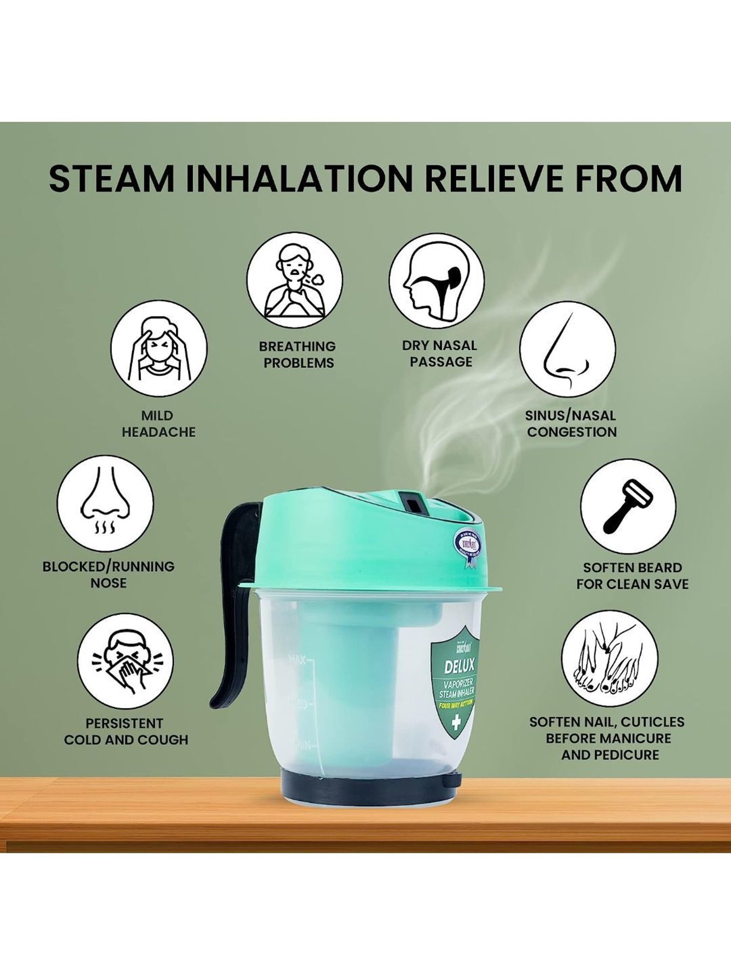 Crescent Delux Facial Steamer Vaporizer for Cold & Cough, Separate Water Container (Green)