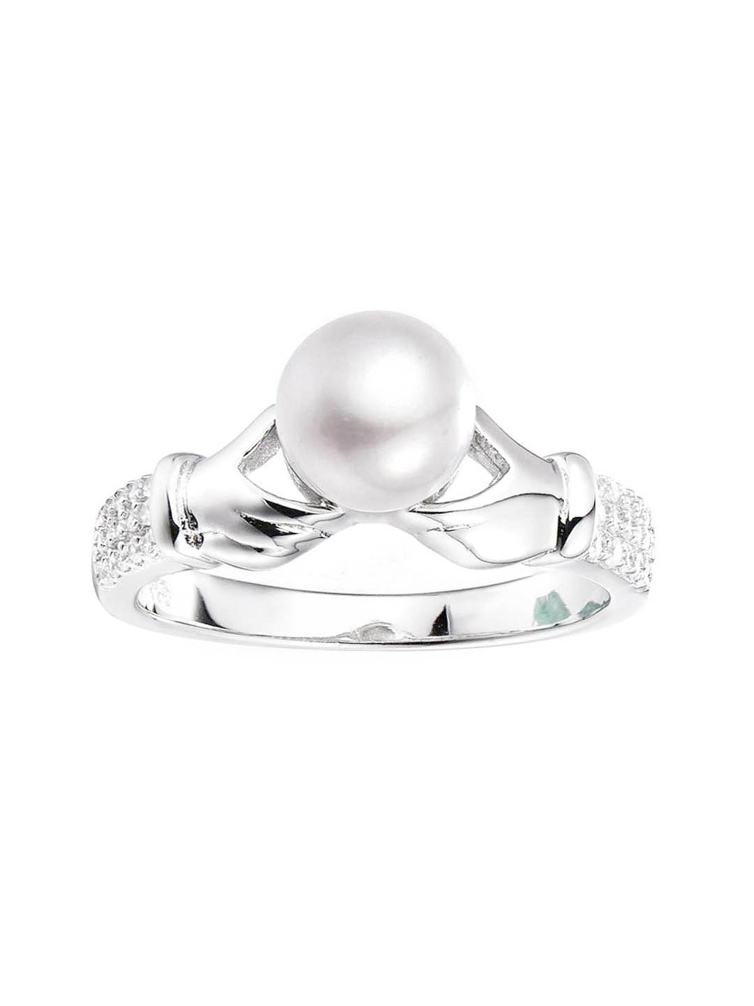 925 Silver Freshwater Pearl and American Diamond Holding Hands Ring for Women & Girls