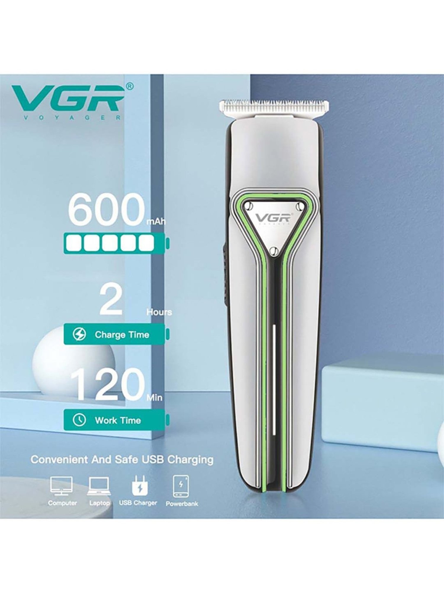 VGR V-008 Professional Cordless Hair Trimmer - 120 min Runtime (Green and Silver)