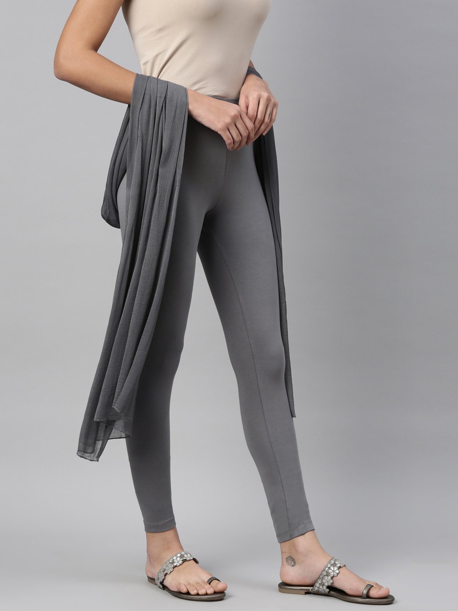 TWIN BIRDS Grey Cotton Leggings With Dupatta