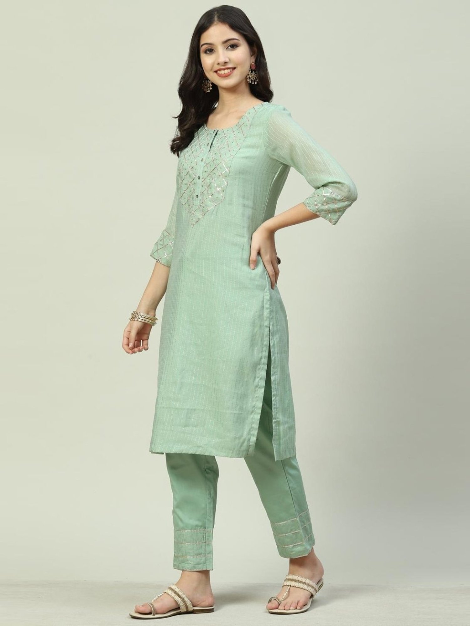 Biba Green Striped Kurta Pant Set