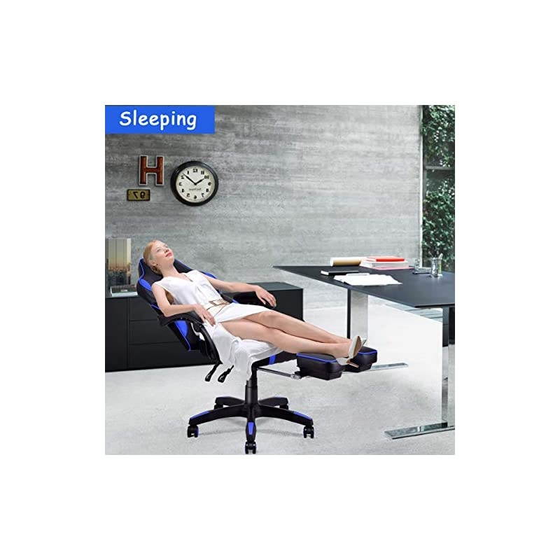 Ergonomic Gaming Chair, Executive Computer Office Chair with USB Massage Lumbar Cushion and Retractable Footrest, High Back Swivel Chair with Backrest and Height Adjustable (Blue)