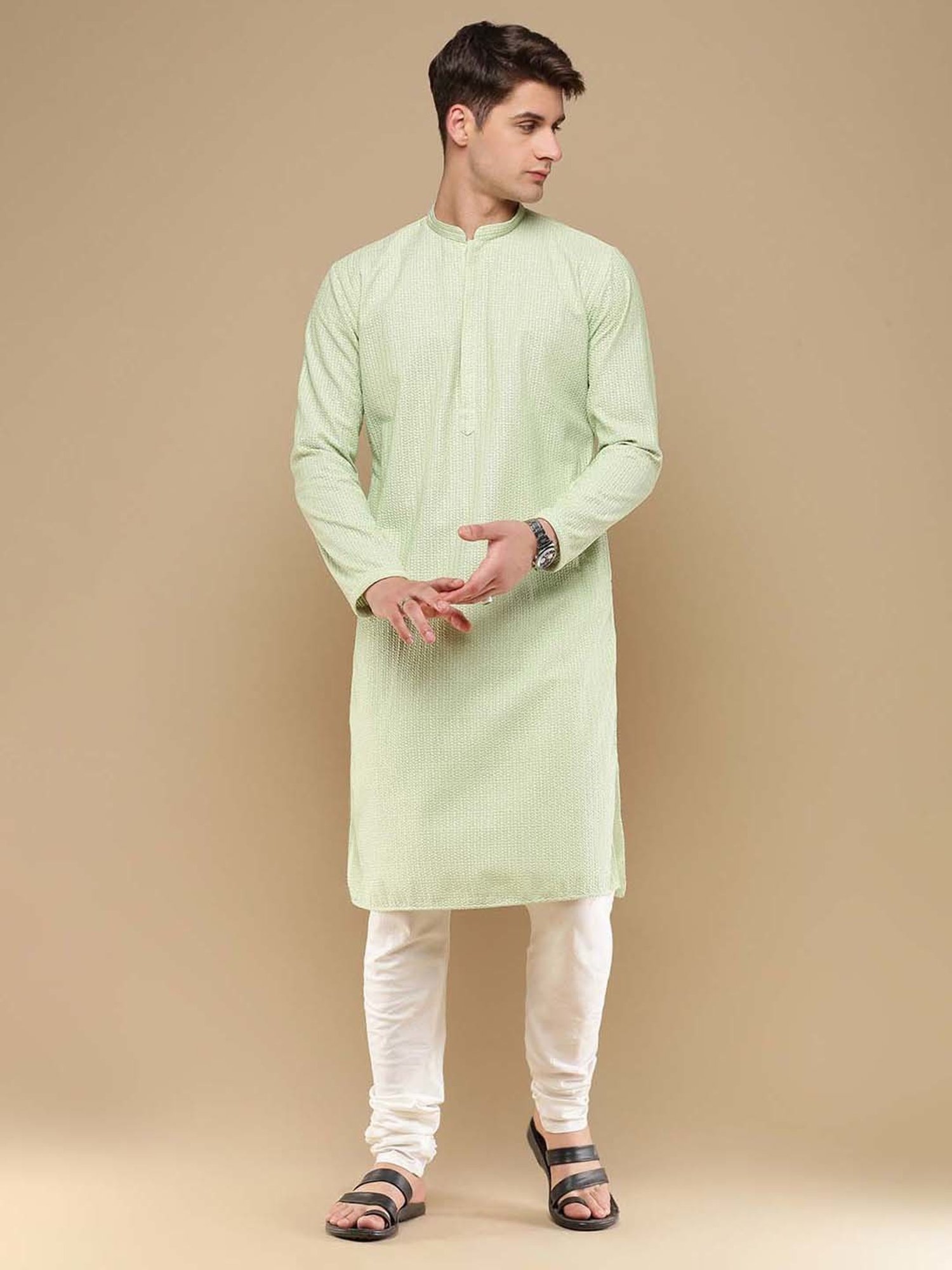 Sanwara Light Green & White Regular Fit Chikankari Kurta & Churidar Set