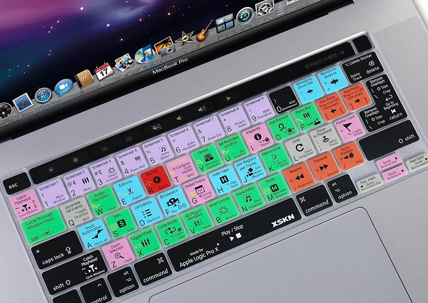 XSKN Logic Pro X Silicone Shortcut Keyboard Cover Skin for 2019 New MacBook Pro 16 inch A2141 2020 New MacBook Pro 13.3 inch A2338 M1 A2251 A2289 with Touch Bar & Touch ID US and EU Universal Version