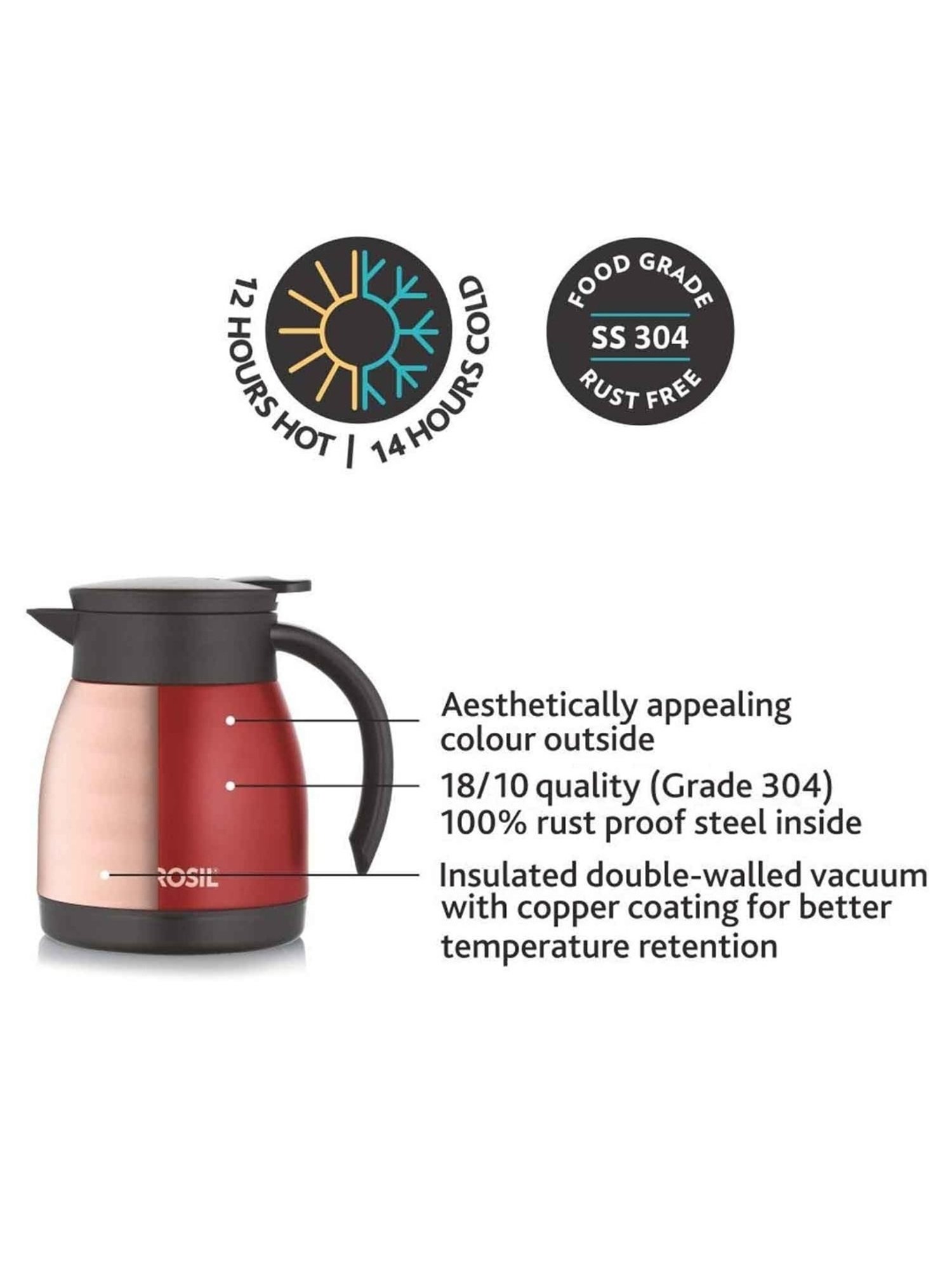 Borosil Red Stainless Steel Teapot with Handle & Double Wall Vacuum Insulated (500 ML)