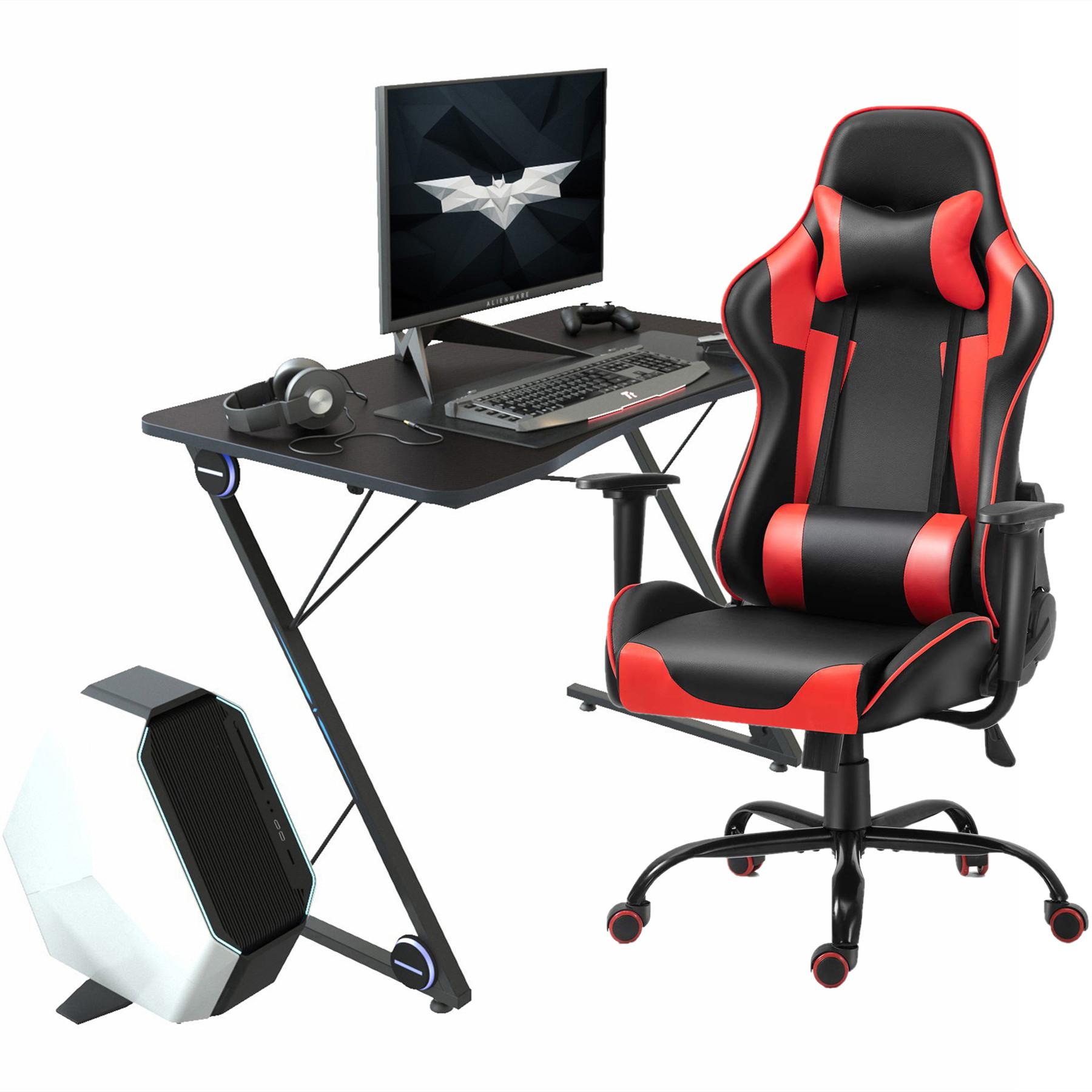43.3 Inch Gaming Desk with High Back Red PU Leather Gaming Chair Ergonomic Home Office Desk and Chair Set Z-Shaped E-Sport Gamer Workstation with LED Lights Carbon Fiber Surface and Cup Holder