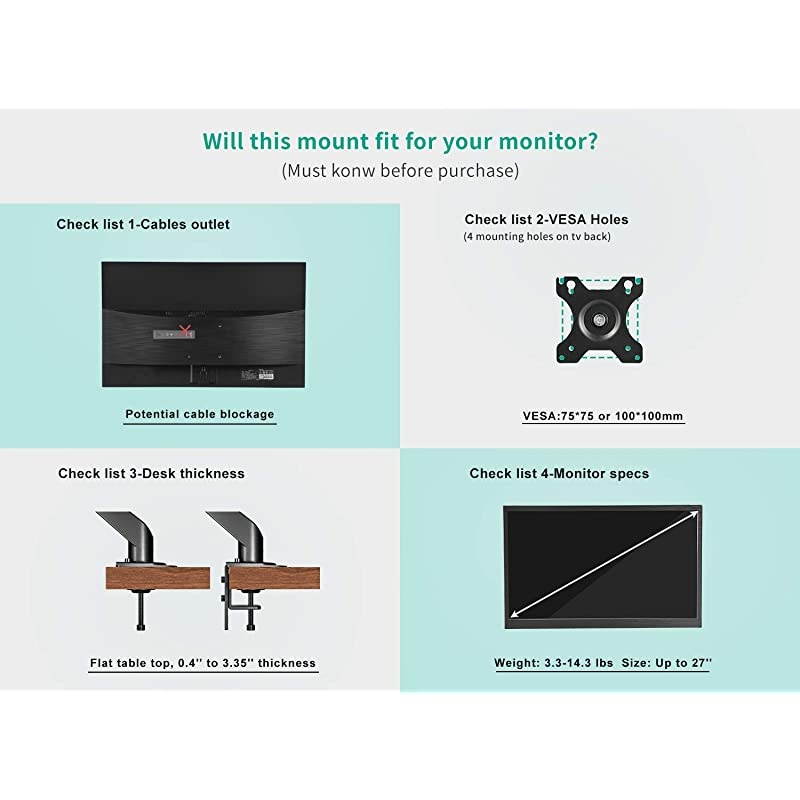 Single Monitor Stand Articulating Gas Spring Monitor Arm Adjustable VESA Mount Desk Stand with CClamp Installation Fits 17 to 27 inch LCD Computer Monitors up to 143lbs