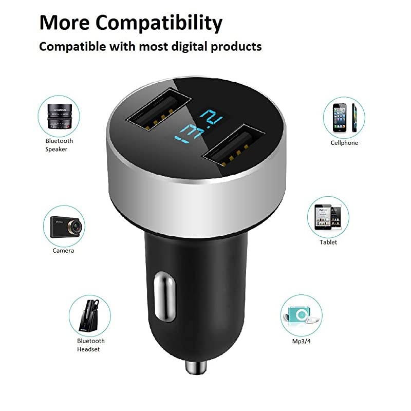 USB Car Charger,4.8A Output,Cigarette Lighter Voltage Meter Compatible with Apple iPhone,iPad,Samsung Galaxy ,LG ,Google Nexus,USB Charging Devices,Silver