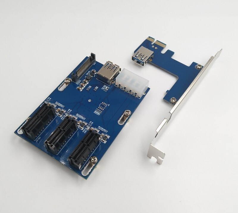 PCI-e Express 1X To 3 Port PCI Express 1X Slot Multiplier HUB Riser Adapter Card w/ SATA 15pin & 4pin Power Supply USB 3.0 Cable