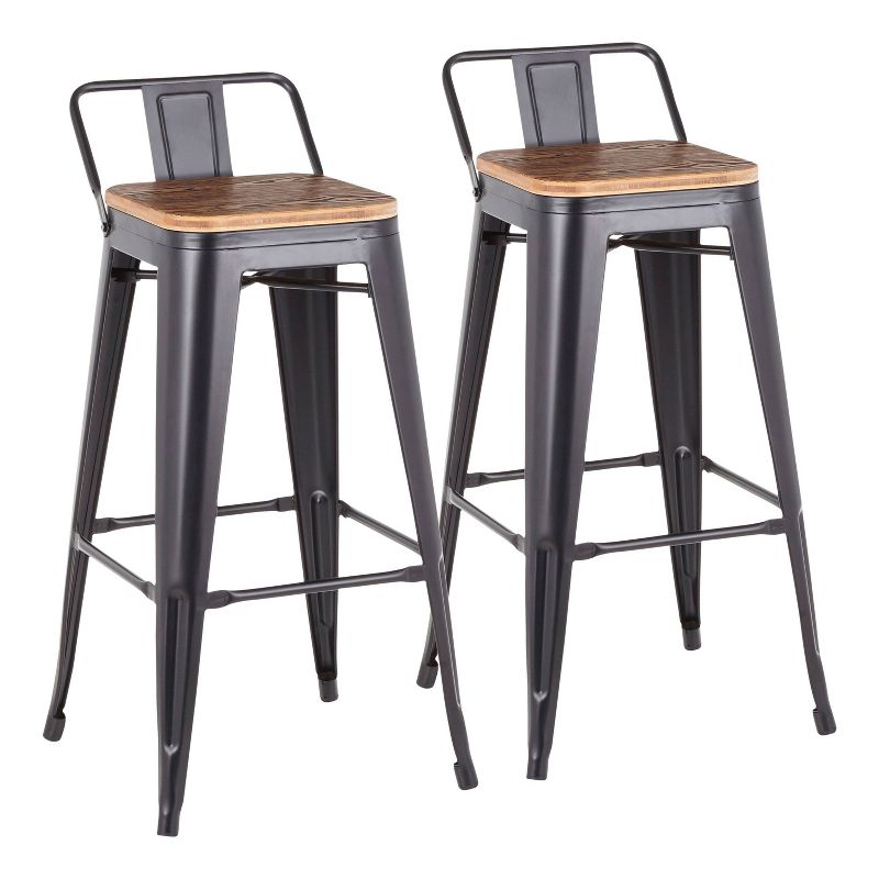 Set of 2 Oregon Industrial Low Back Barstools Black/Bamboo - LumiSource