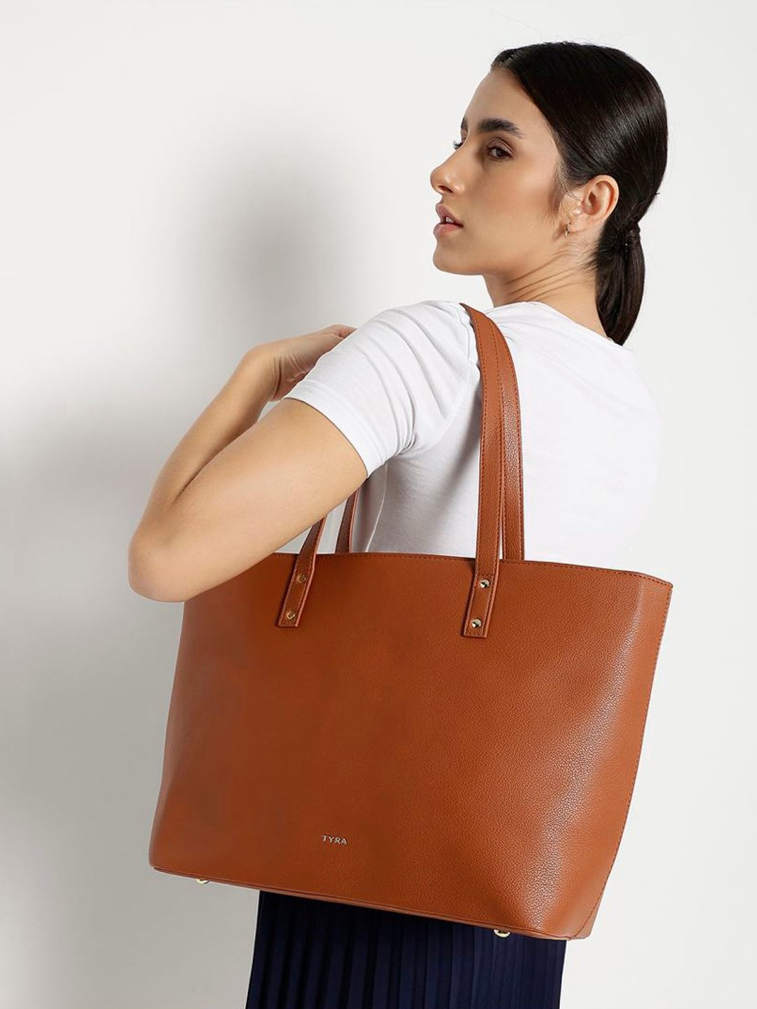 Tyra Daisy Tan Solid Faux Leather Tote Handbag