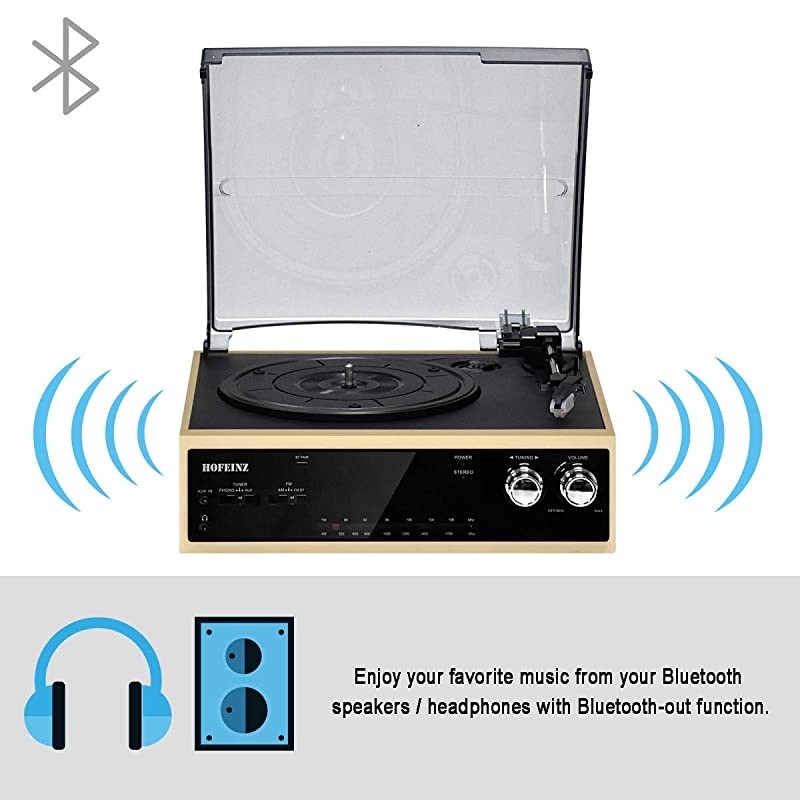 Vintage Wireless Bluetooth Out Wooden Belt Driven 3 Speed Turntable with Built in Stereo Speakers AM/FM Radio&hellip;