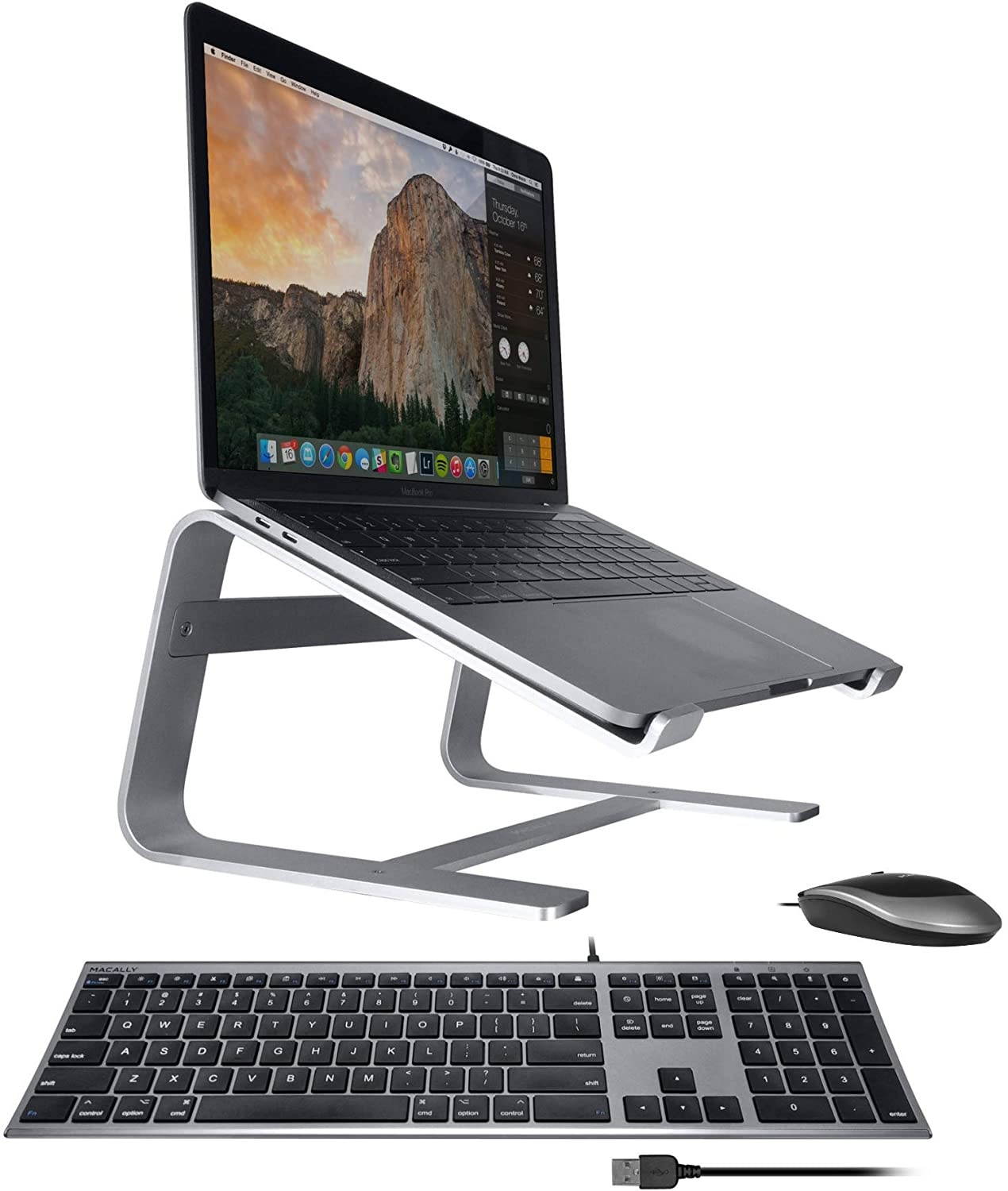 Macally Ultra Slim Wired Computer Keyboard, Silent Wired Mouse, and Aluminum Laptop Stand for Desk, Comfort for Long Working Hours