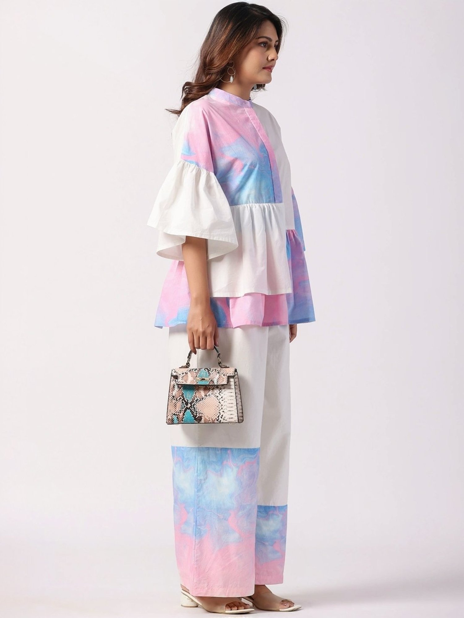 Zolo Label White Cotton Printed Top Palazzo Set