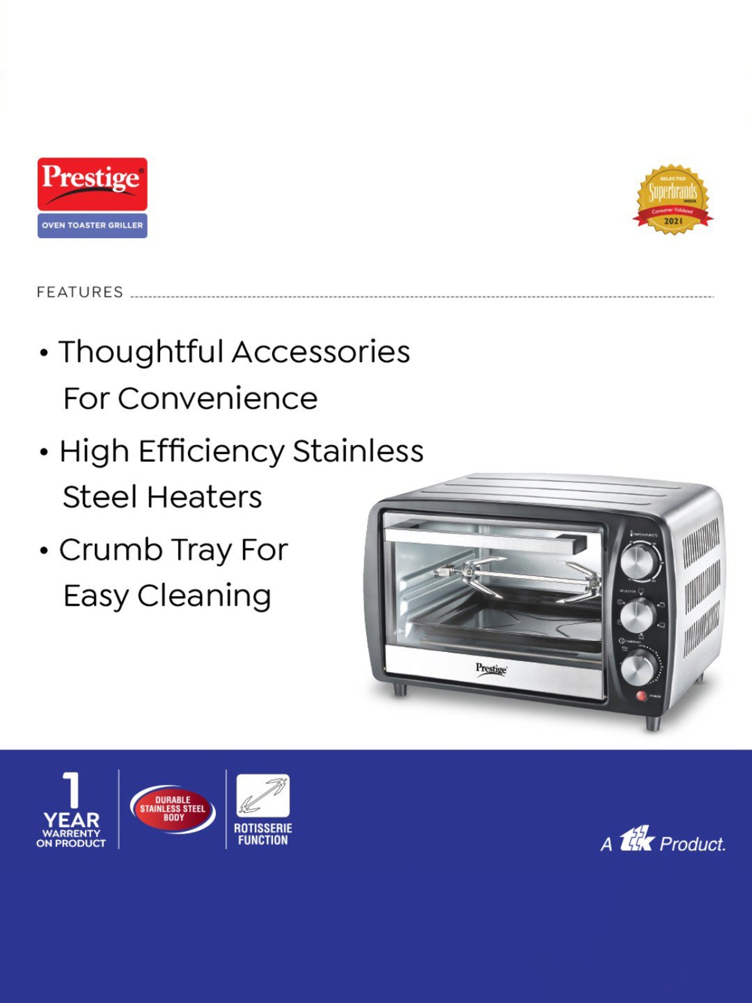 Prestige POTG Multicolor Stainless steel Oven Toaster Griller with Rotisserie Function