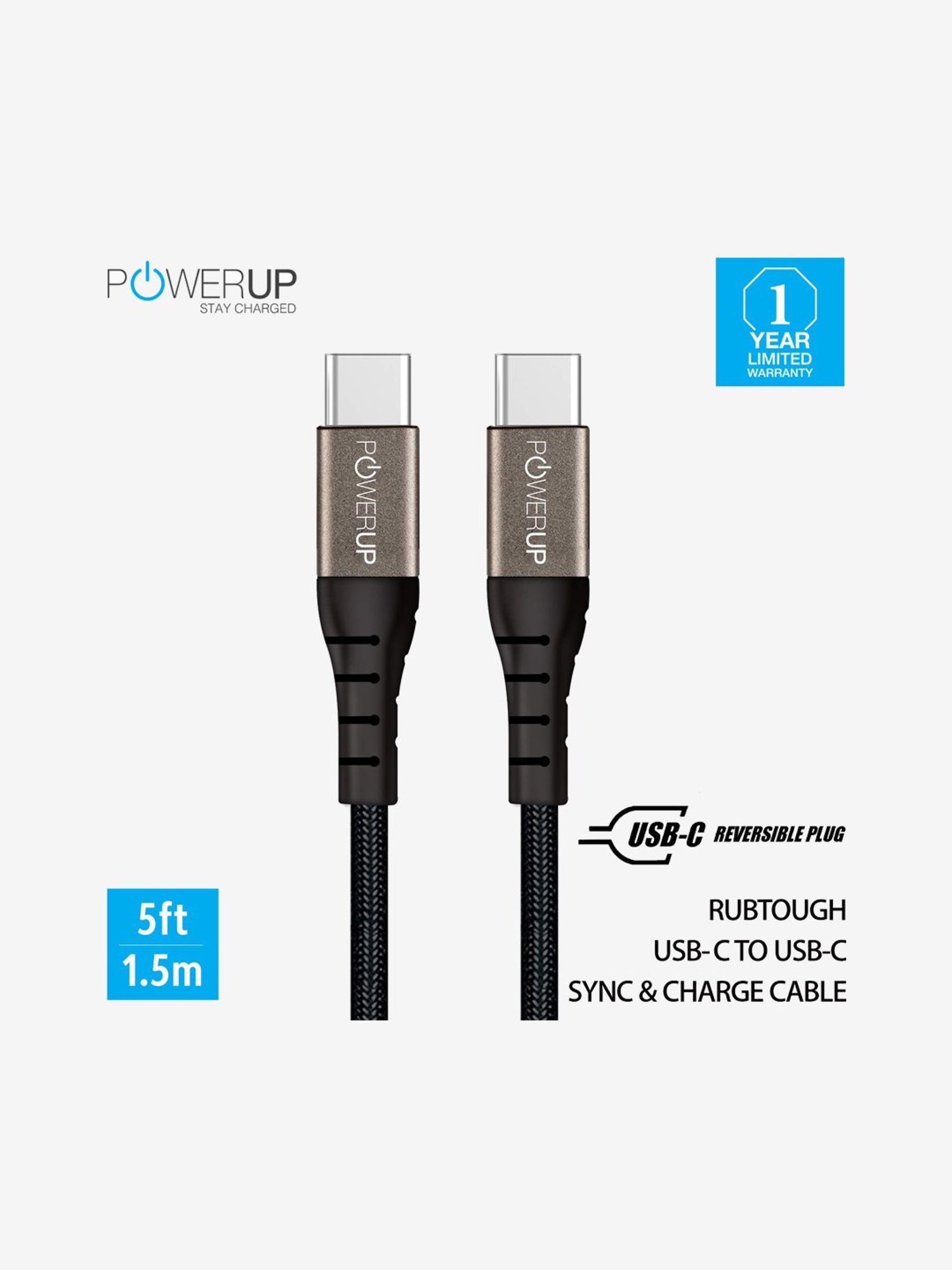 Powerup Nylon Braided USB-C to USB-C Sync & Charge Cable (Black)
