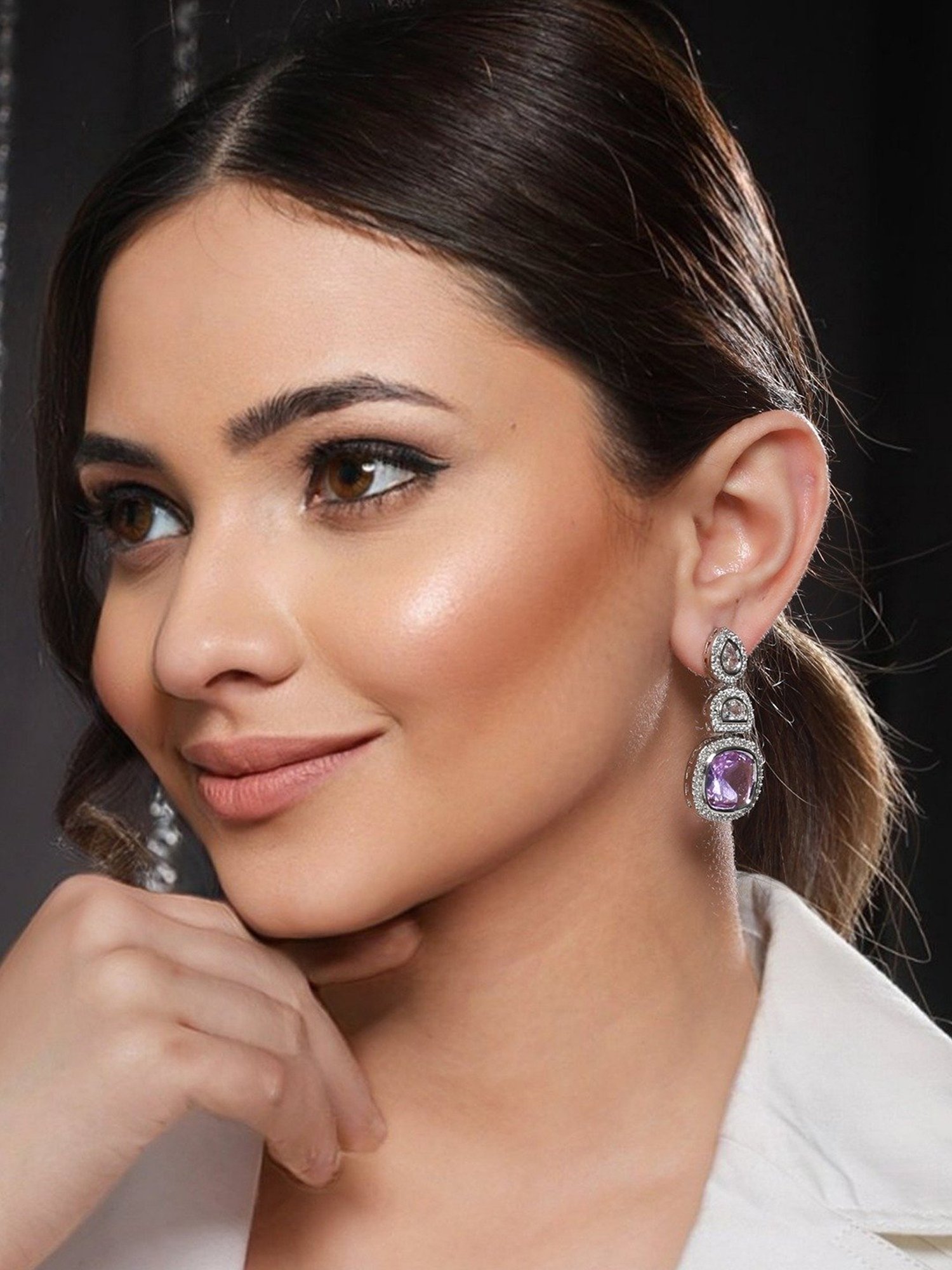 Saraf RS Jewellery White Lavender CZ Studded Drop Earrings