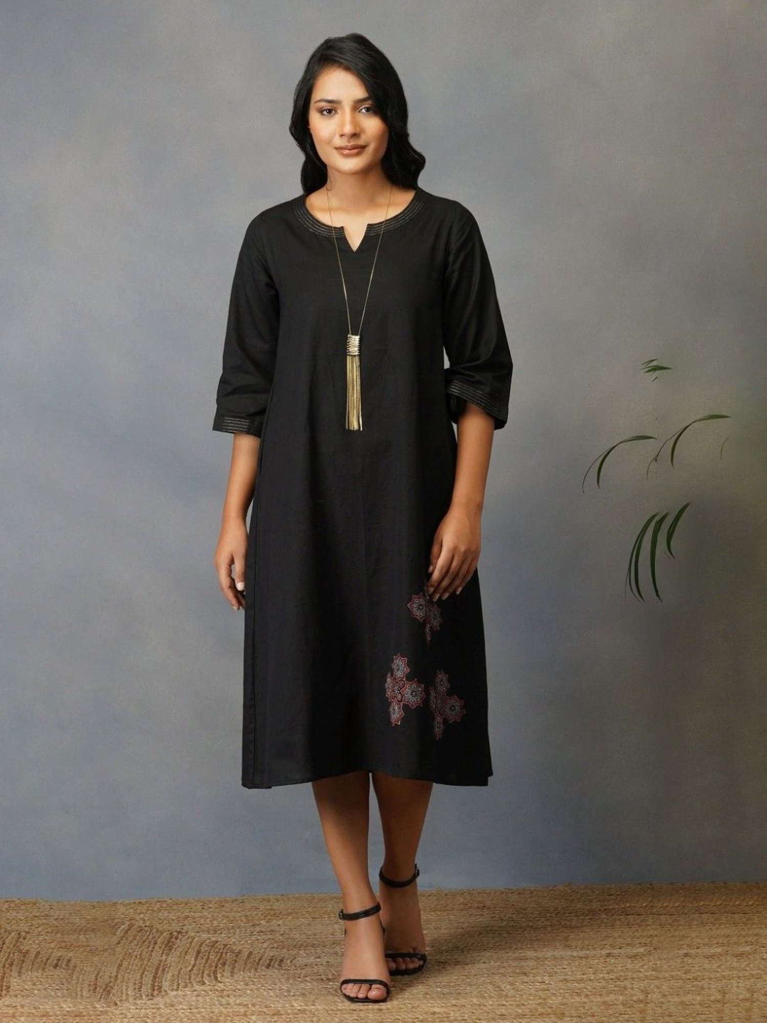 Akiso Bakhair Black A Line Dress With Handblock Ajrak Patch Work