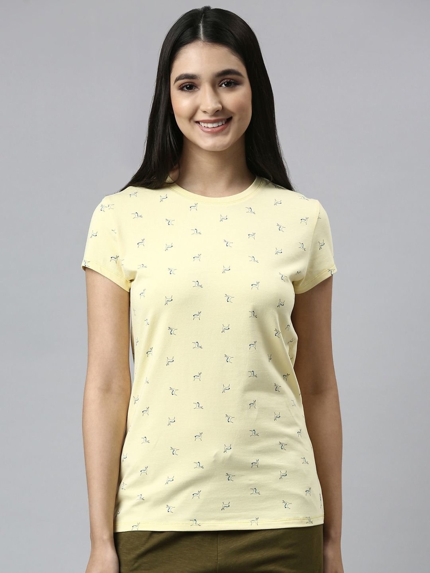 Enamor Banana Yellow Cotton Printed T-Shirt