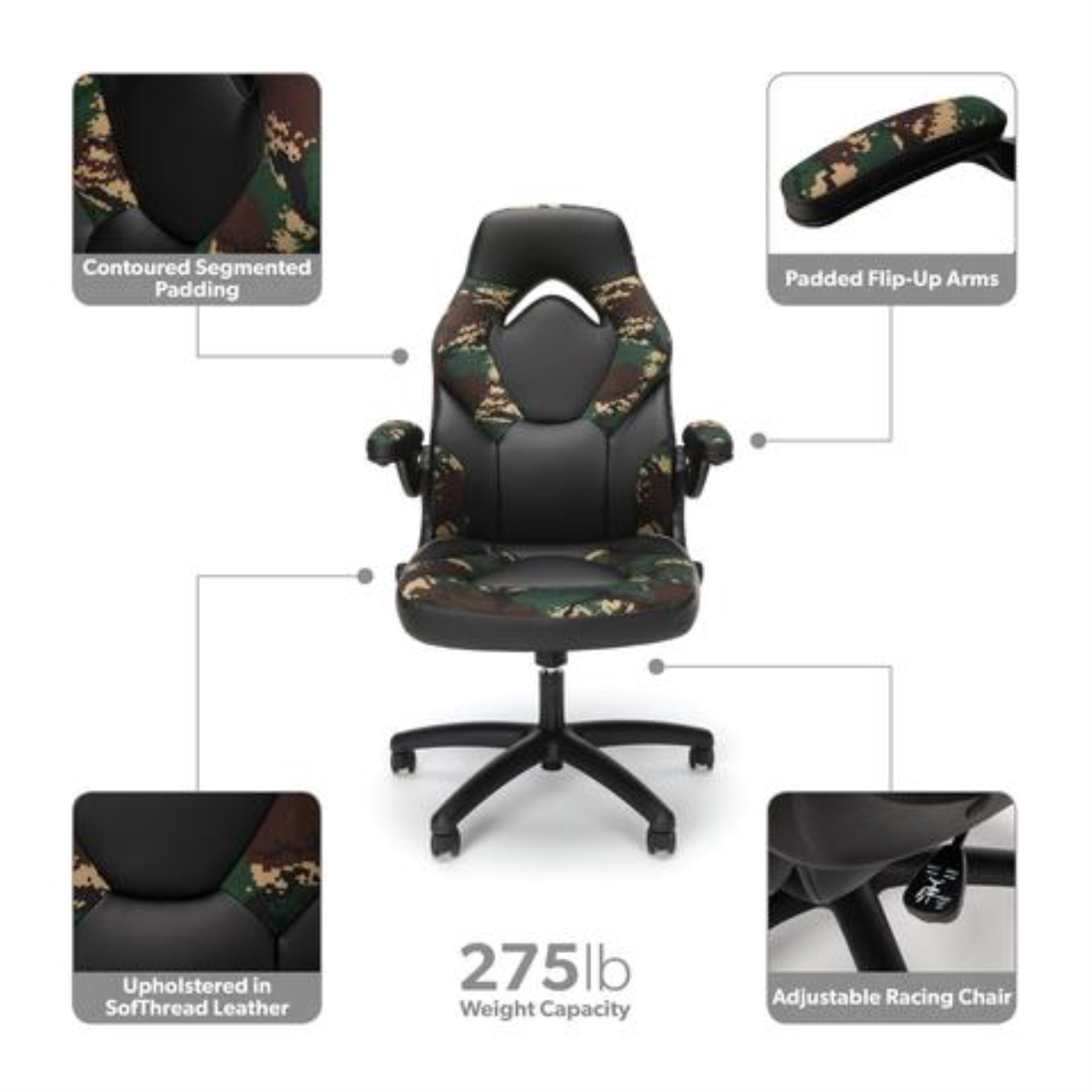 OFM Essentials Collection Racing Style Bonded Leather Gaming Chair, in Arctic Camo (ESS-3085-ARC)
