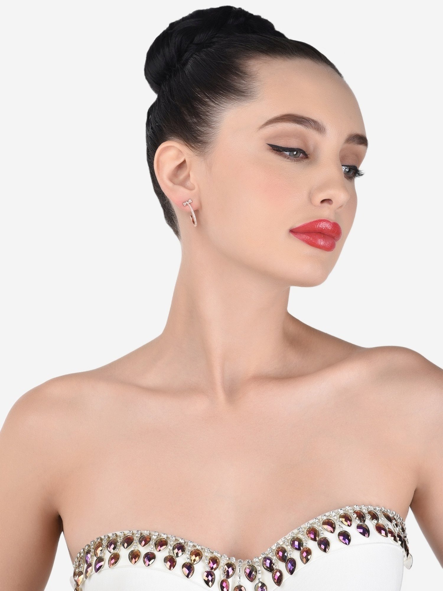 Zaveri Pearls Set of 2 Rose Gold Cubic Zirconia Contemporary Semi Hoop Earrings - ZPFK13364