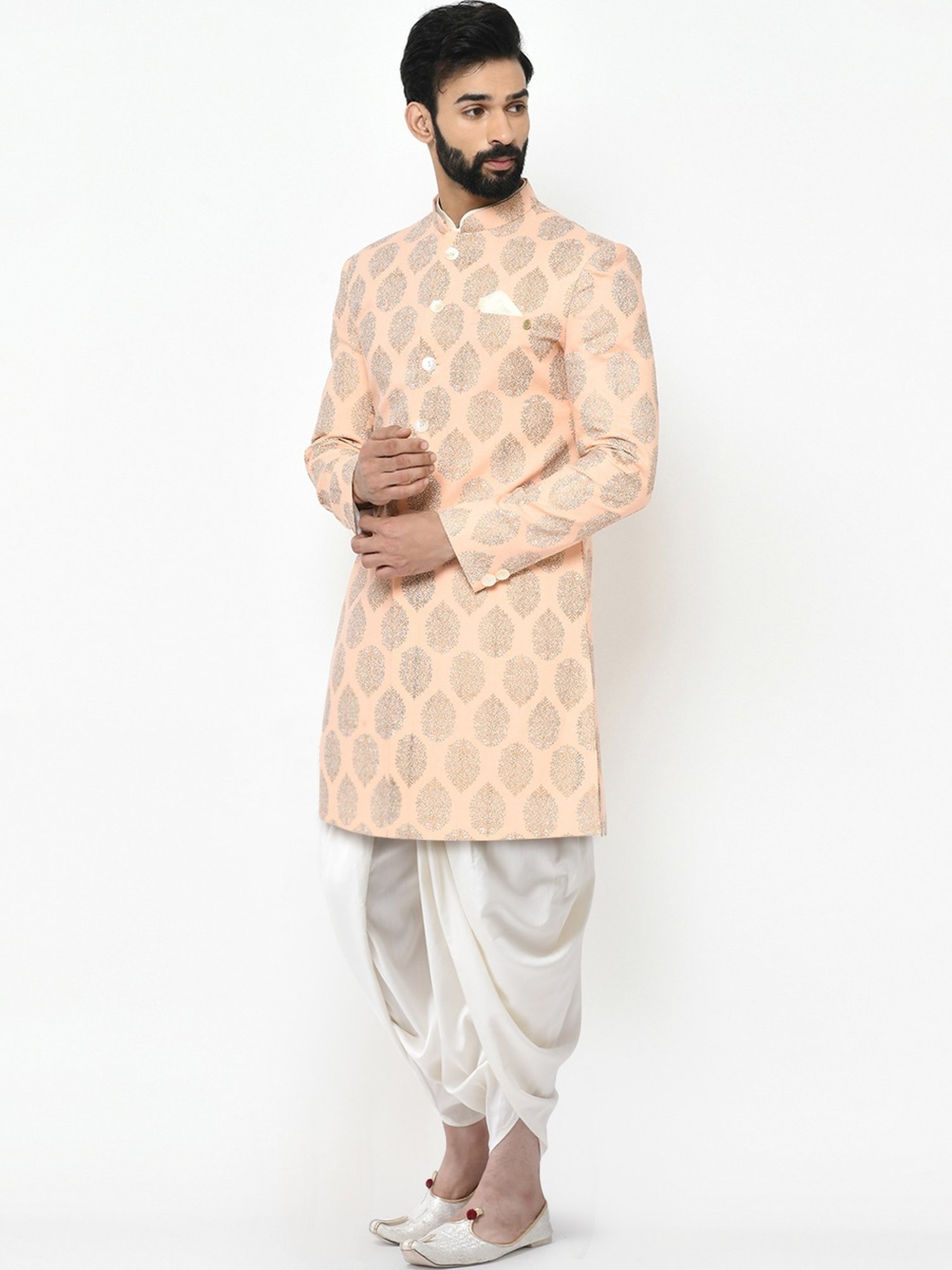 KISAH Peach & Grey Cotton Regular Fit Printed Sherwani Set