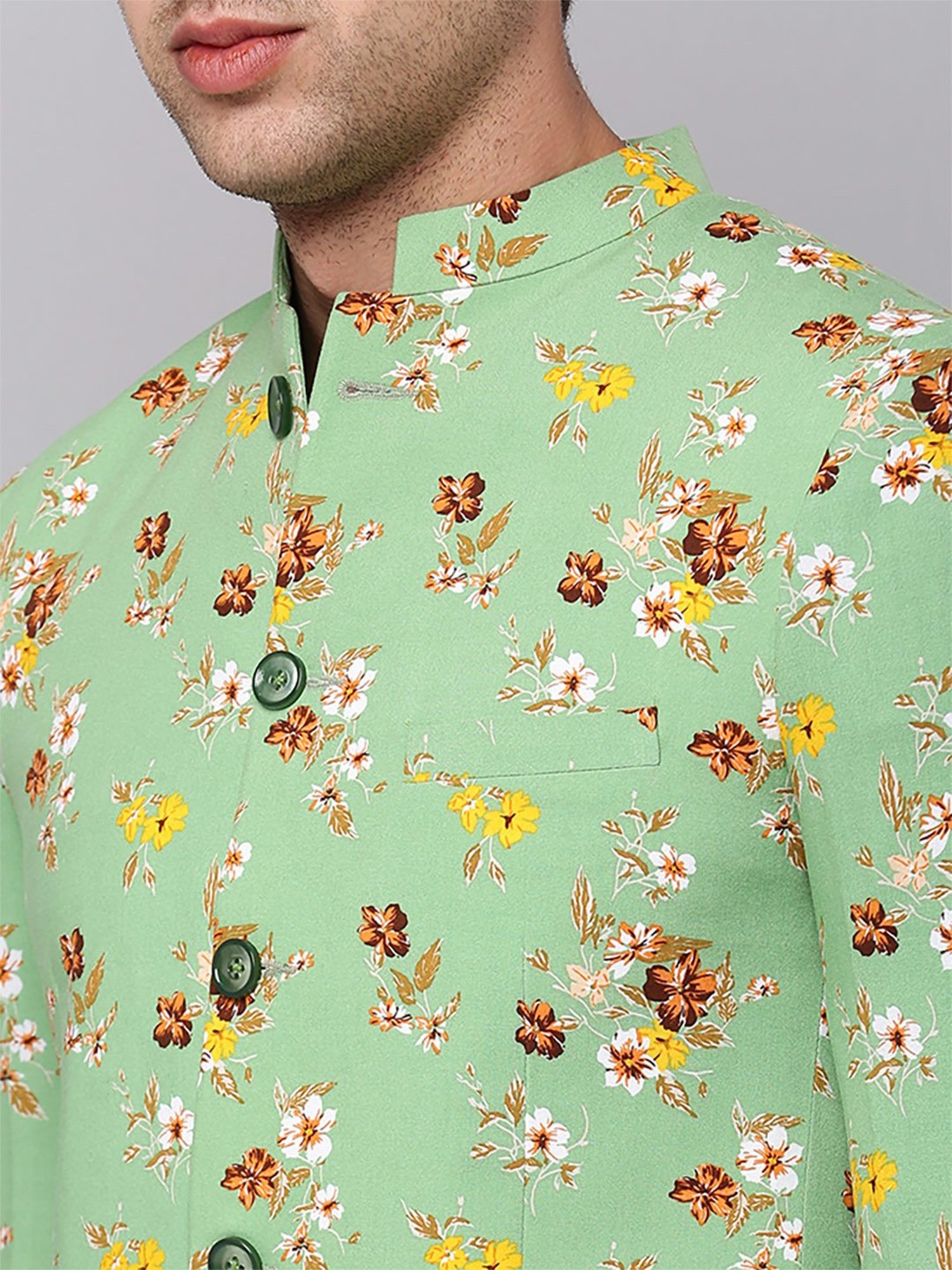 SHOWOFF Green Cotton Slim Fit Floral Print Blazer