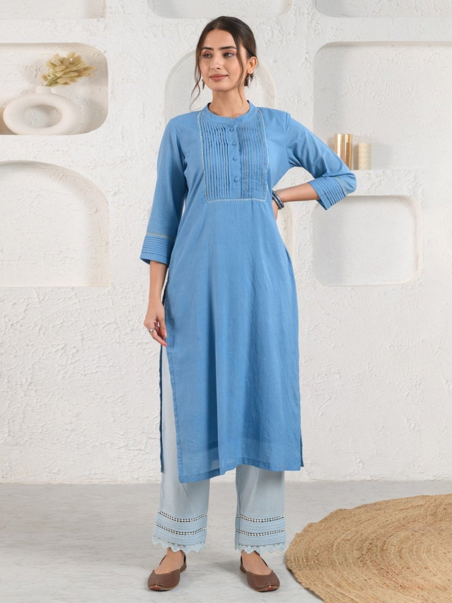 Prakriti Jaipur Blue Pleated Dobby Kurta