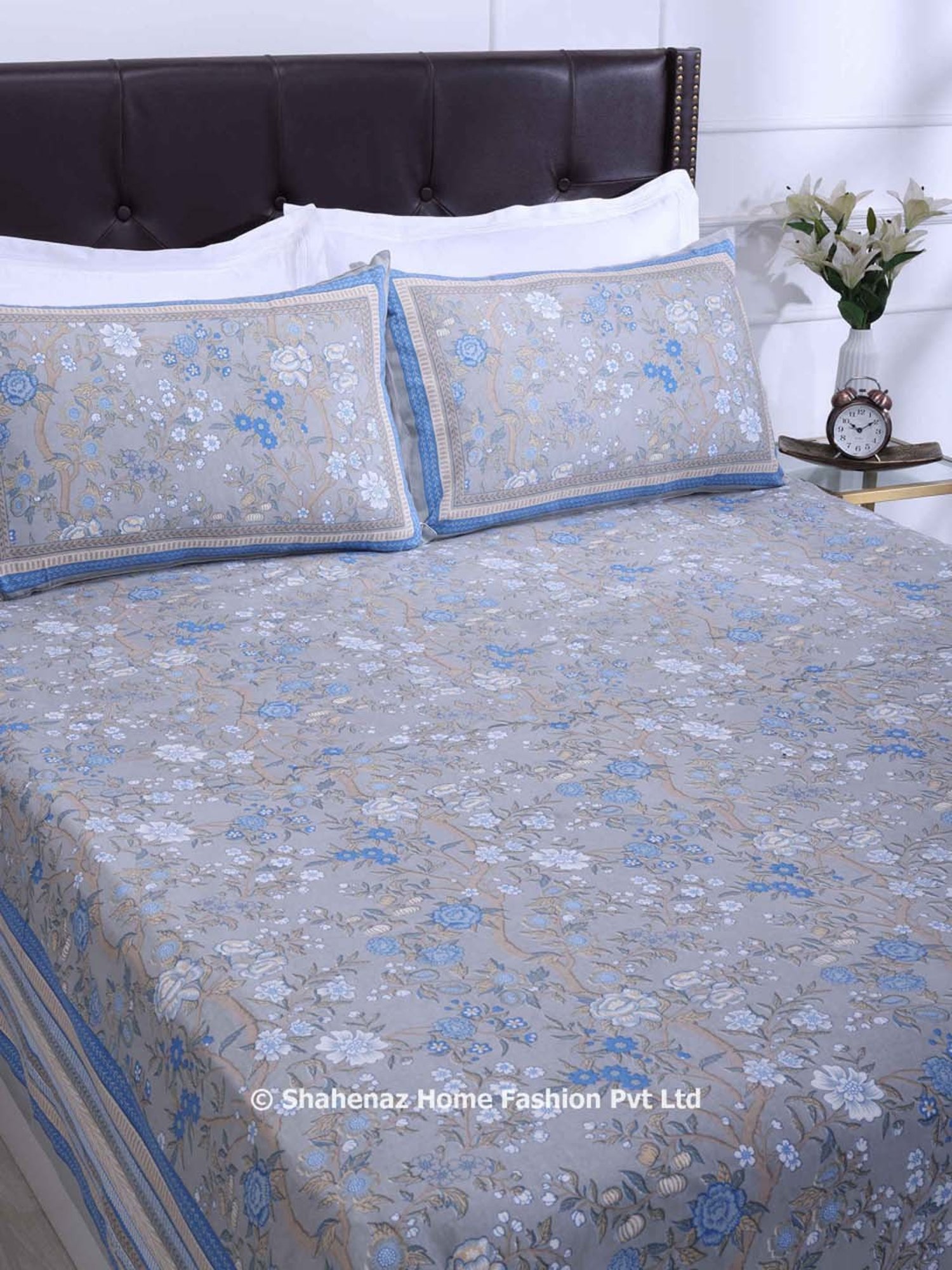 Shahenaz Blue & Grey 120 TC Cotton Rama Kashvi Single Bedsheet with 1 Pillow Cover