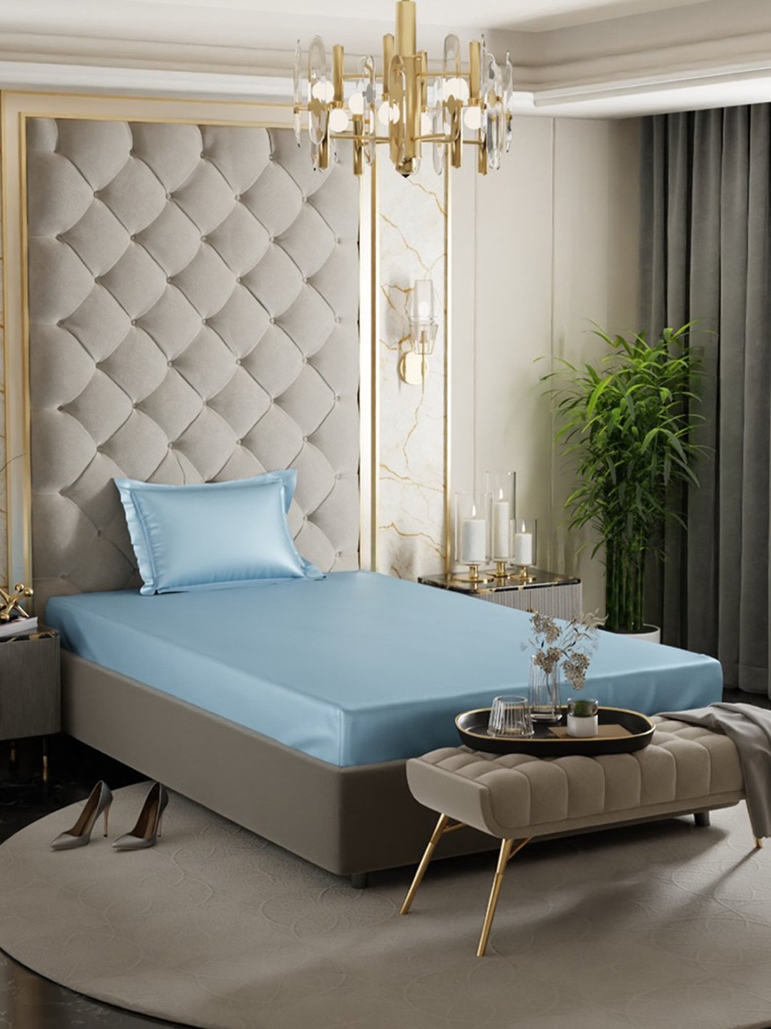 Stoa Paris Blue 300 TC Polyester Single Fitted Sheet with 1 Pillow Cover